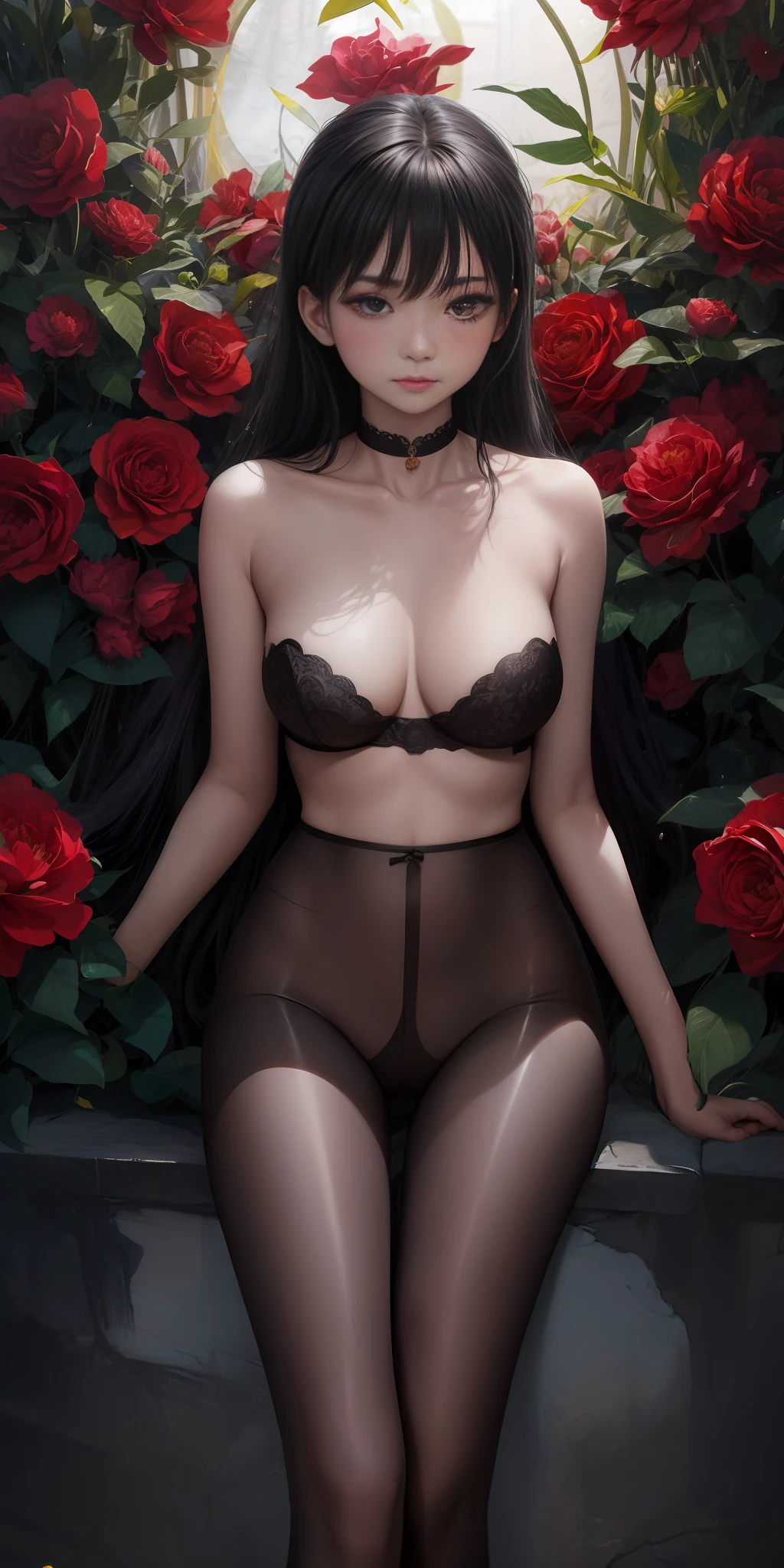 真，1girl，白色头发，紫色眼睛，发光的眼睛，，，手拿，华丽的紫色，，分开的嘴唇，脸红，鲜花，太阳，阳光，运动鞋，背面视角，on back，，坐在凳子上，屁股在凳子上，
movie portrait photography, 18 years old,correct body structure, perfect body, fair skin, pretty face, detailed face, blush, face, maid hair ornament, charming body, slim, wide hips, thin waist, high fork gymnastic suit, black , black lace , busty & deep, black pantyhose, long legs, , stockings, thigh stockings, leg focus, fair skin with  shoulder length, serenity, calm, (realistic details, Natural skin texture, realistic  details), soft dramatic lighting, fine details, surrealism, 35mm film, 16k, peony, rose, cherry blossom, rainforest, lots of flowers, juice:1.3)，从后面看，背面视角，撅起屁股