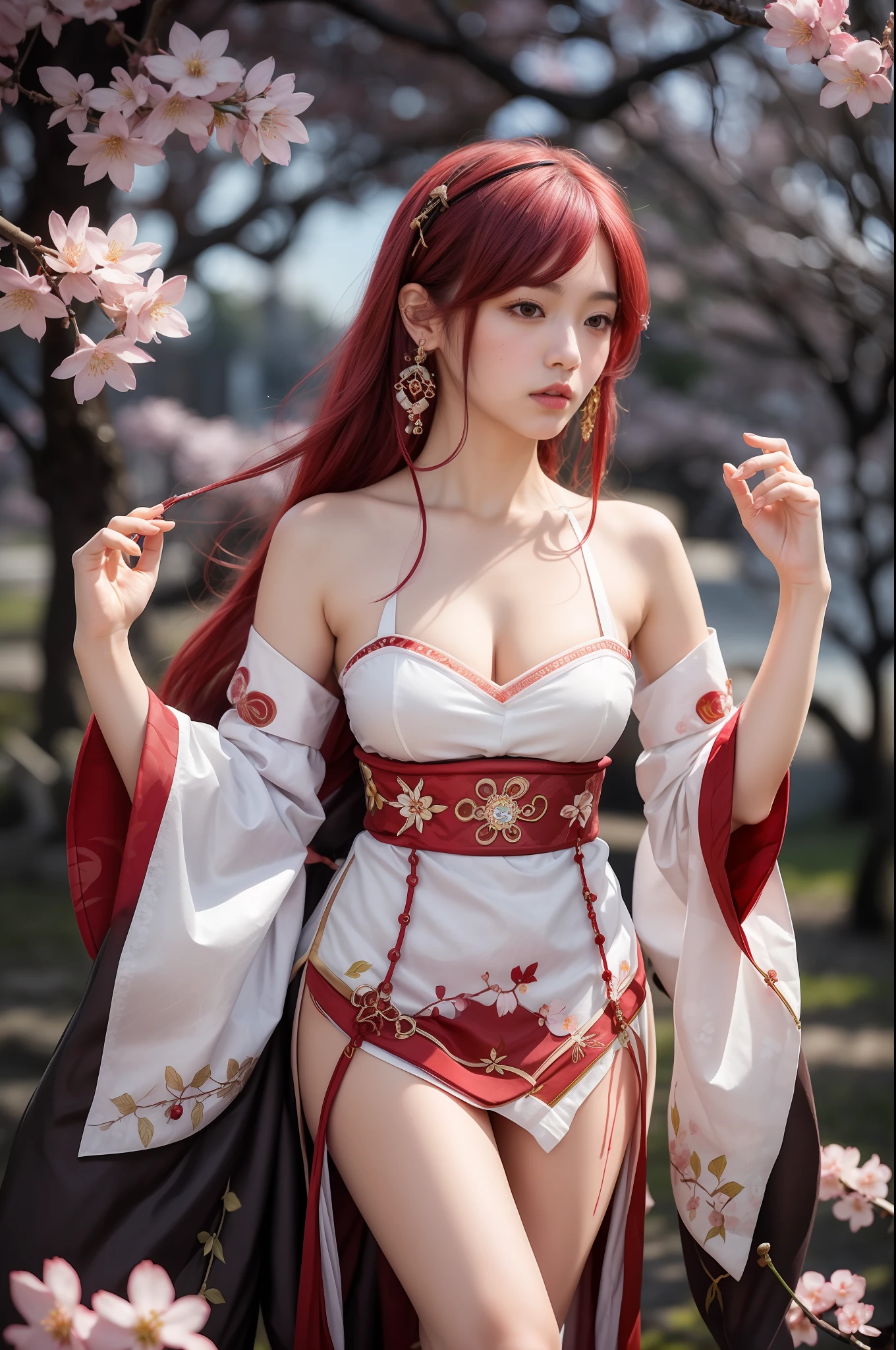 best quality, ultra high res, (photorealistic:1.4), 1girl, CG, lace-trimmed cherry blossoms color custom-made ancient japanese bras, round breast, lace-trimmed cherry blossoms, fishnet, cherry blossoms color custom-made ancient japanese panty, cherry blossoms lace trim, off-shoulder cherry blossoms color shirt, Crew socks, (stride), (faded long cherry blossoms color hair:1.3), hair ornament, (medium perfect breasts:1.2), looking at viewer, gold crown, gold necklace, earrings, bracelet, armlet, japanese background, blood, ((blood eyes)), thin cherry blossoms see-through Tights,, (nsfw)