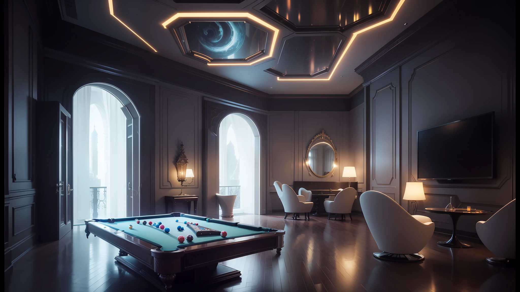 a dimly lit room with a pool table and a tv, futuristic room, gaming room in 2 0 4 0, galaxy themed room, room of a dark mansion, inter dimensional villa, futuristic persian palace, puzzle-like room, futuristic. game cg, gaming room, vaporwave mansion, futuristic room background, photorealistic room, retro futuristic apartment, vray beautiful --auto --s2