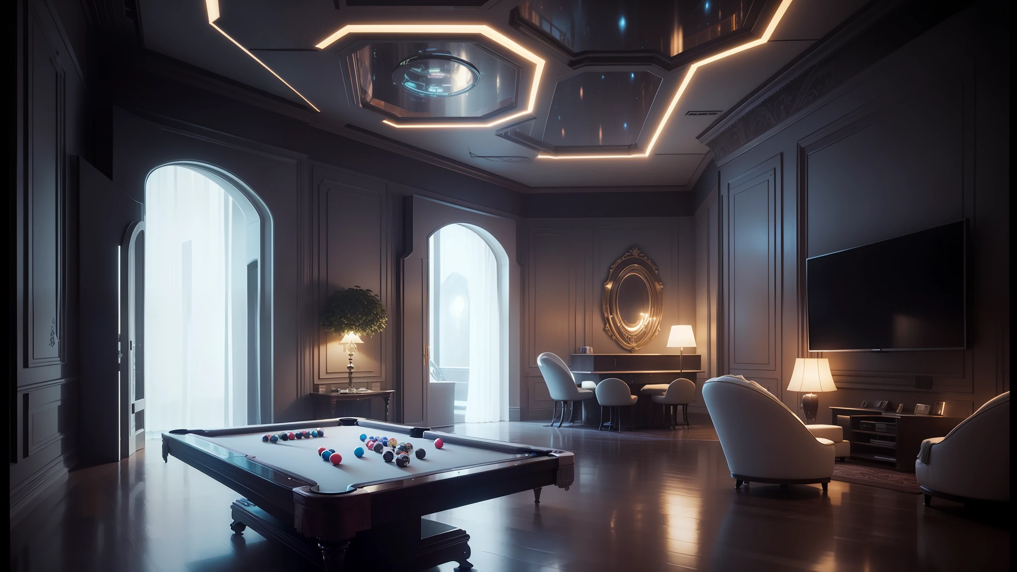 a dimly lit room with a pool table and a tv, futuristic room, gaming room in 2 0 4 0, galaxy themed room, room of a dark mansion, inter dimensional villa, futuristic persian palace, puzzle-like room, futuristic. game cg, gaming room, vaporwave mansion, futuristic room background, photorealistic room, retro futuristic apartment, vray beautiful --auto --s2