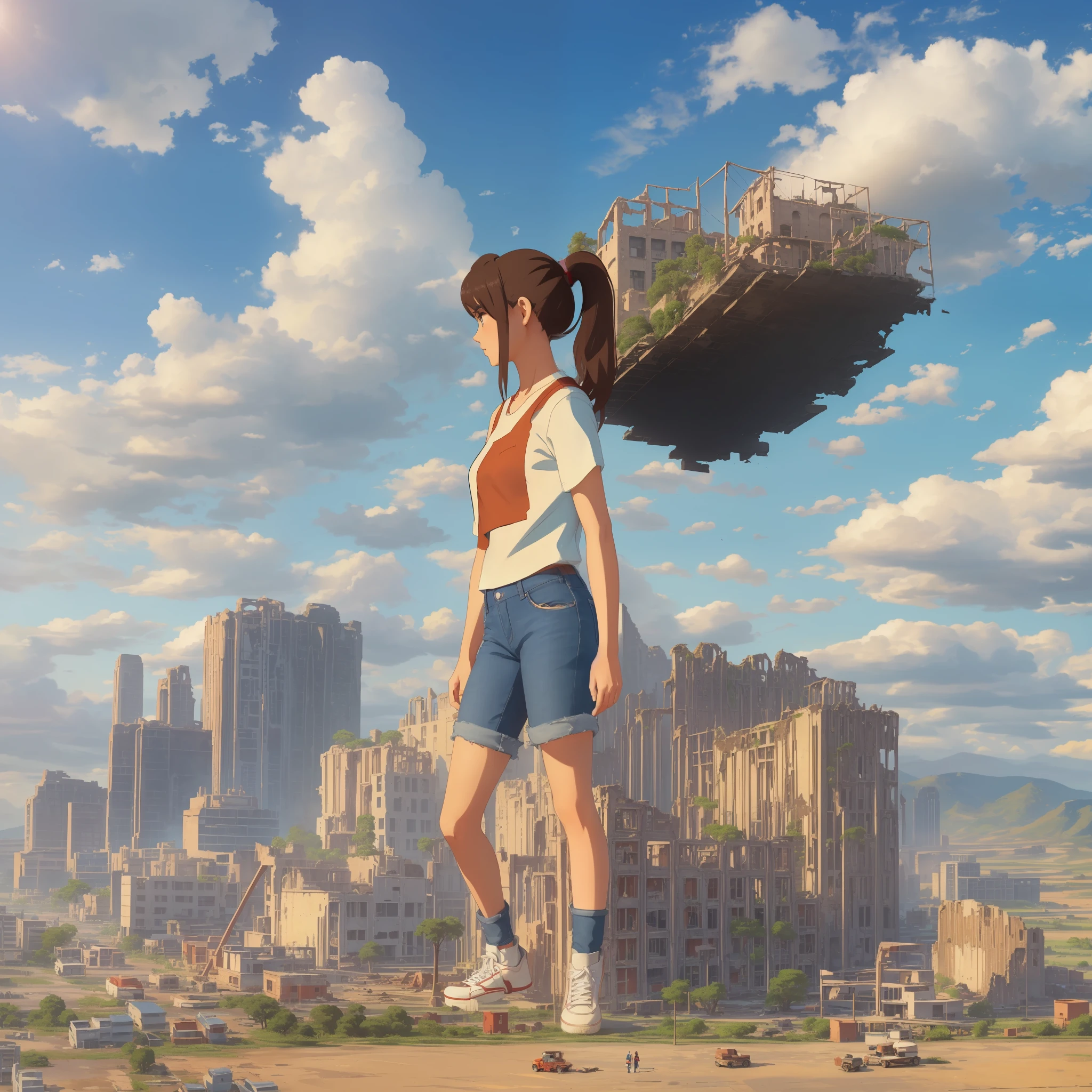 (Vehicle crushed into thin pieces by Giant Girl + Ruins + Height Giant Girl + Building with Girl Level: 1.6) , (Brown Double Ponytail: 1.3 + Red High-Top Canvas Shoes + White Short Sleeved Shirt + Blue Cropped Jeans) ,(High View Over) ,(Noon Sun + Shallow Cumulus Clouds: 1.2) ,(Sneer) (Full body)