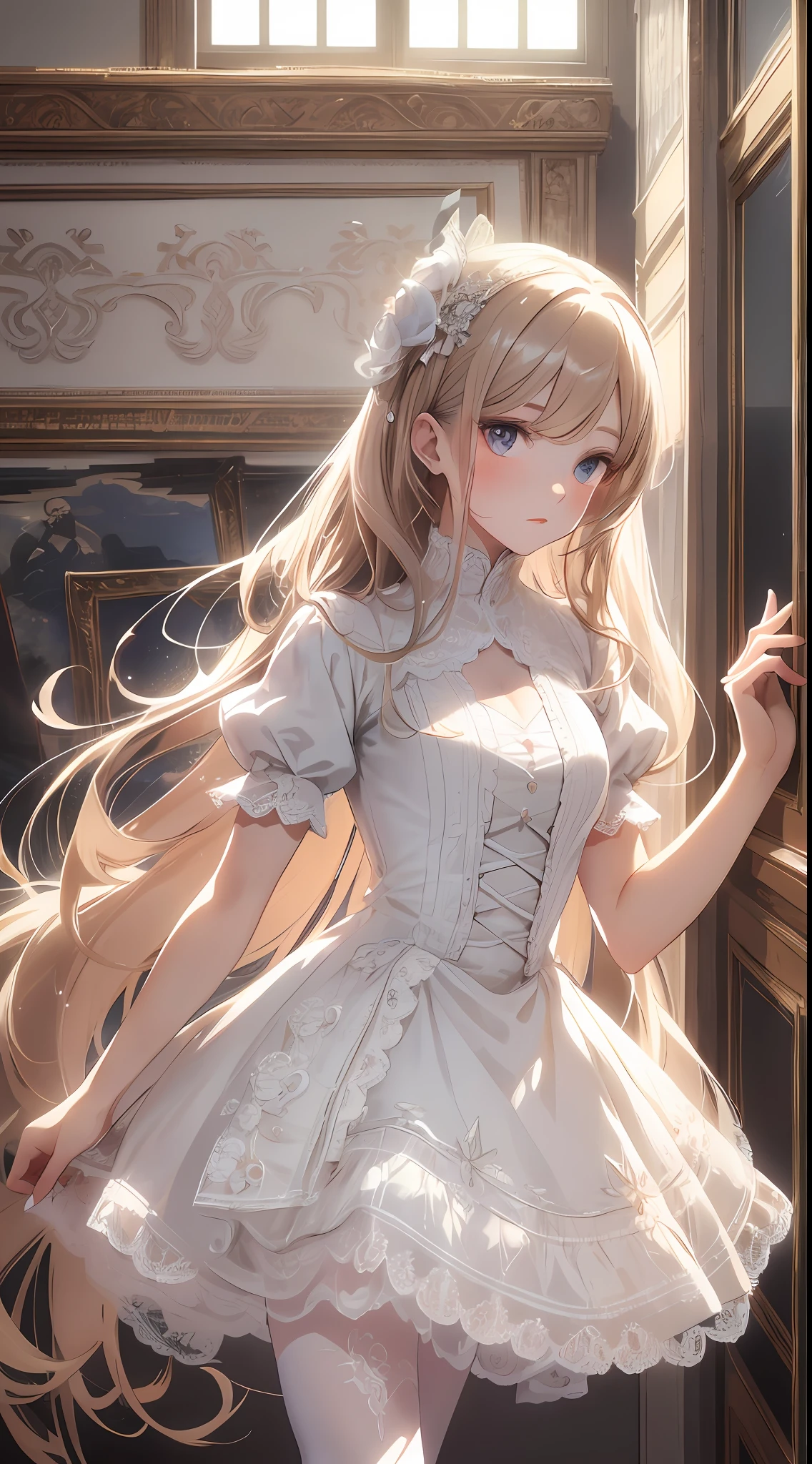 Extreme detail, high quality, elegance, long eyelashes, light chestnut hair, white dress, lace short sleeves, white ballet shoes, delicate face, {extreme sophistication and beauty}, {exquisite finish}, delicate glowing eyes, cinematic light, extreme light effect