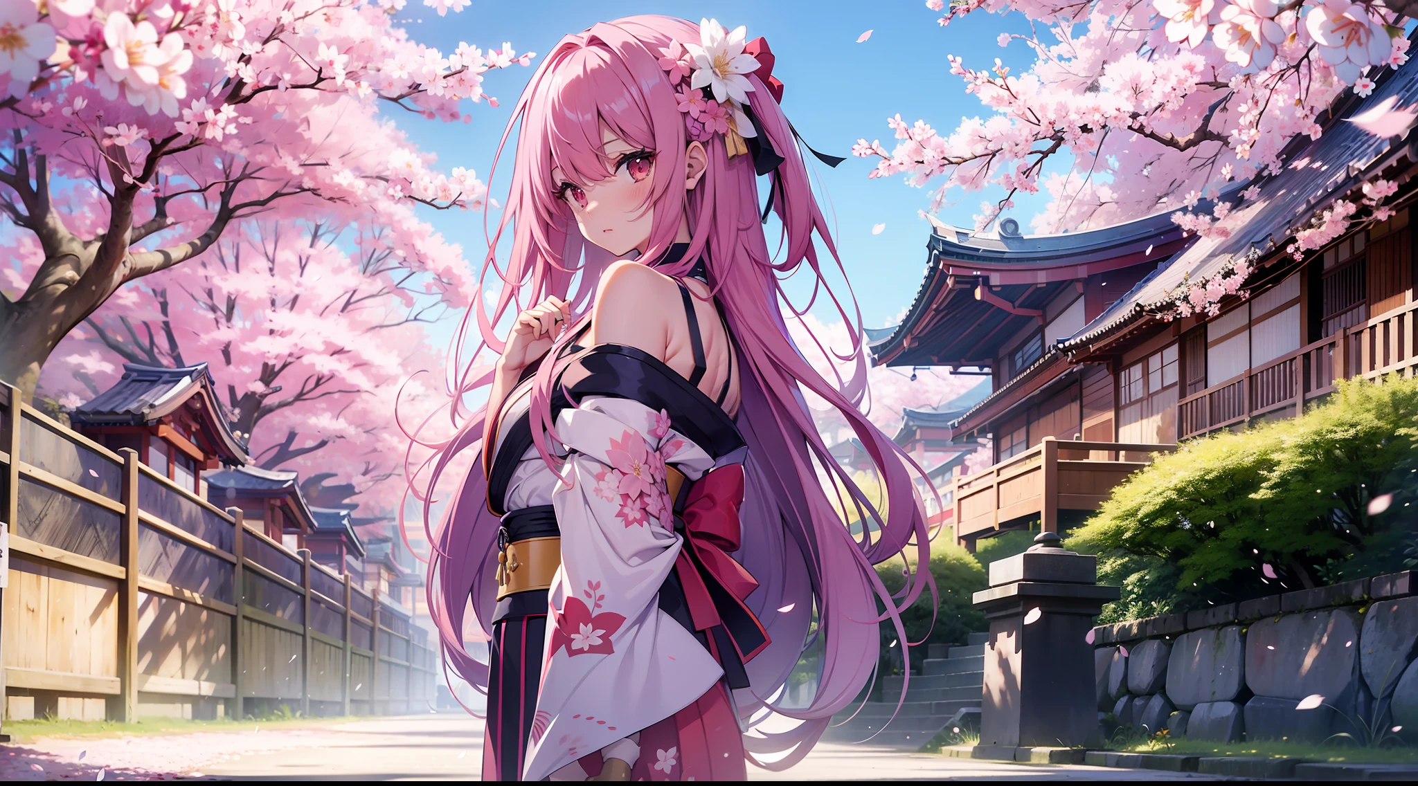 Long hair beautiful girl, red eyes, long pink hair, hair translucent, ribbon, wearing kimono, leaking shoulders and arms, white stockings, perfect figure, full body, looking back, looking back, looking at the audience, Japan, cherry blossoms, shrines, roadside flowers, best quality, 8K, high saturation, rich detail, delicate, low viewing angle, medium field of view