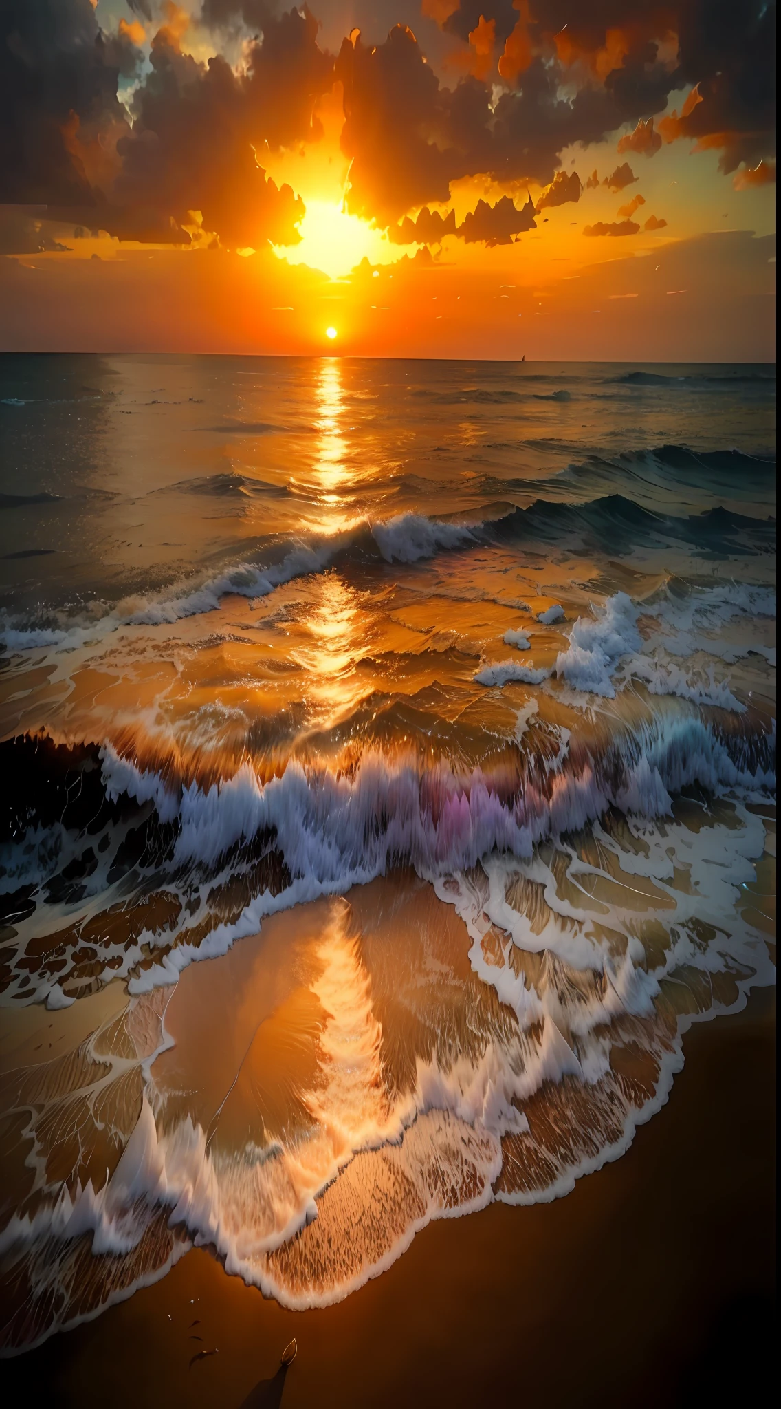 Absolutely mesmerizing sunset on the beach with a mix of oranges, pinks and yellows in the sky. The water is crystal clear, gently kissing the shore, and the white sand is endless. The scenes are action-packed and breathtaking, with seagulls soaring high in the sky and palm trees swaying gently. Immerse yourself in the calm atmosphere and let the serenity surround you.