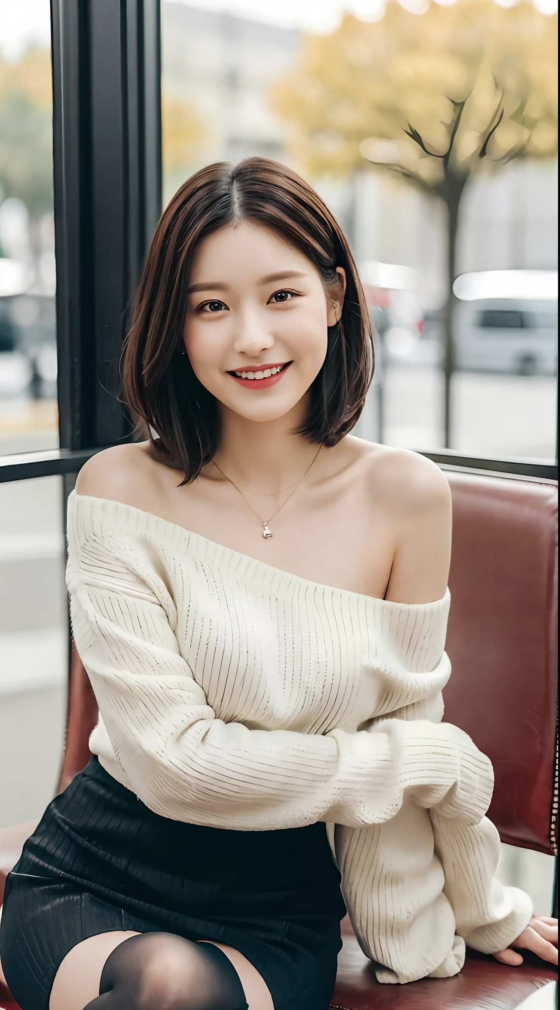 8K UHD, DSLR, Film Grain, Fujifilm XT3, (Best Quality: 1.3), (Masterpiece: 1.1), High Resolution, Cinematic Light, Intricate Detail, (Photorealistic), Outside, Beautiful Outside, Sunny, Beautiful Eyes, Big Eyes, Korean Girl, (Cafe: 1.5), Detailed Trees, Dimples, Bob Cut, Viewer's Watch, Bare Shoulders, pale beige sweater, ribbed sweater, (sitting)), cross-legged, black pencil skirt, high-waisted skirt, headrest, sitting, indoor, necklace, ((red full leg stockings))), seat transport sweater, (smile), slender (full body: 1.6),