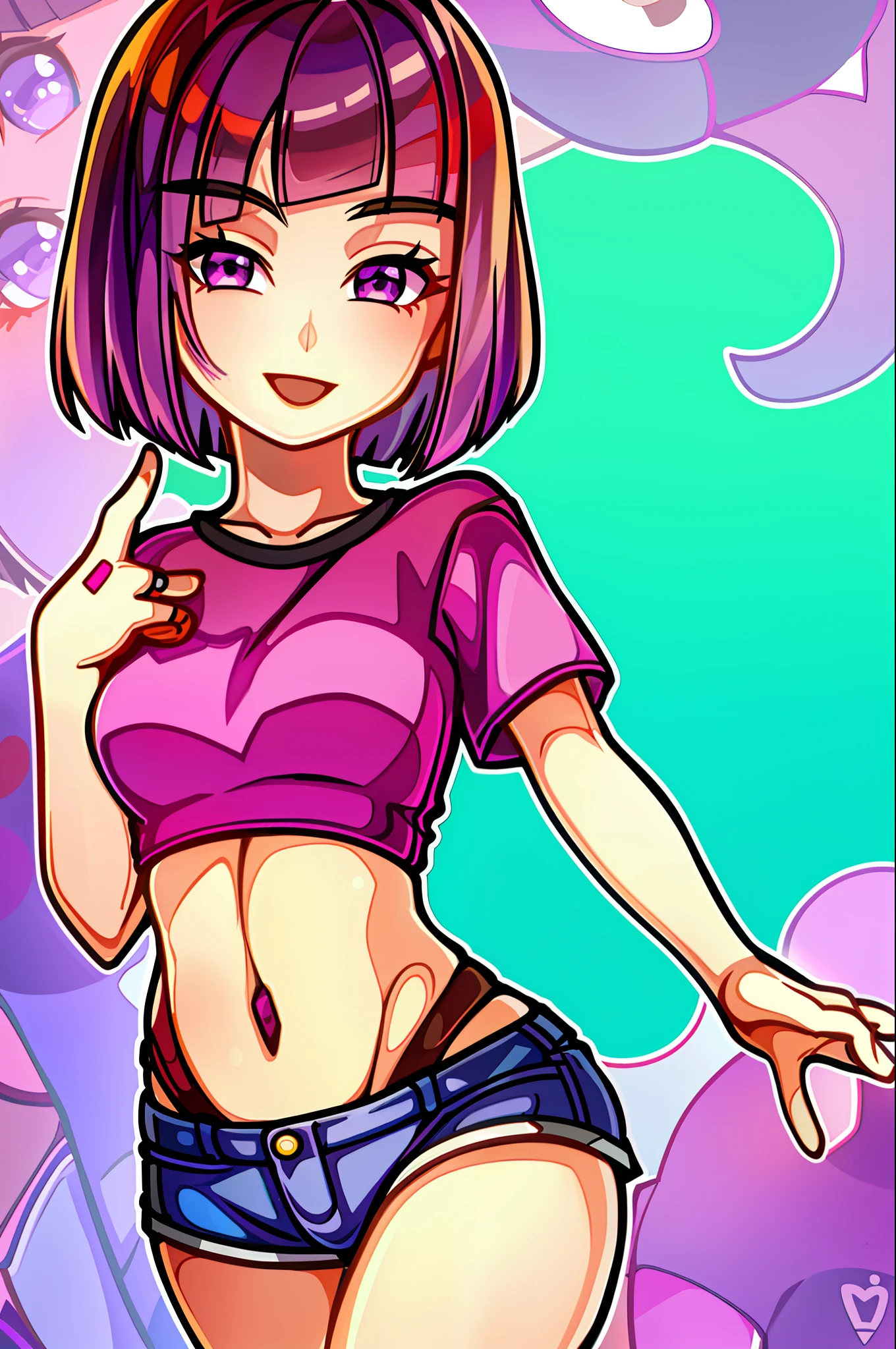 Masterpeace, cartoon, purple hair, bob haircut, sexy pose, 1girl, girl in shorts and t-shirt, perfect body, cheerful, smiling, perfect hands, looking at the viewer, full shot, front shot, simple background color