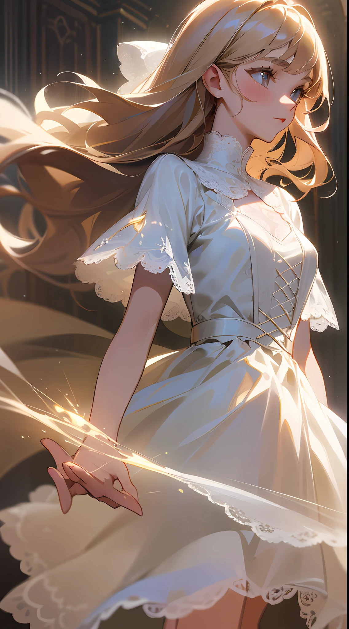 Extreme detail, high quality, elegance, long eyelashes, light chestnut hair, white dress, lace short sleeves, white ballet shoes, delicate face, {extreme sophistication and beauty}, {exquisite finish}, delicate glowing eyes, cinematic light, extreme light effect