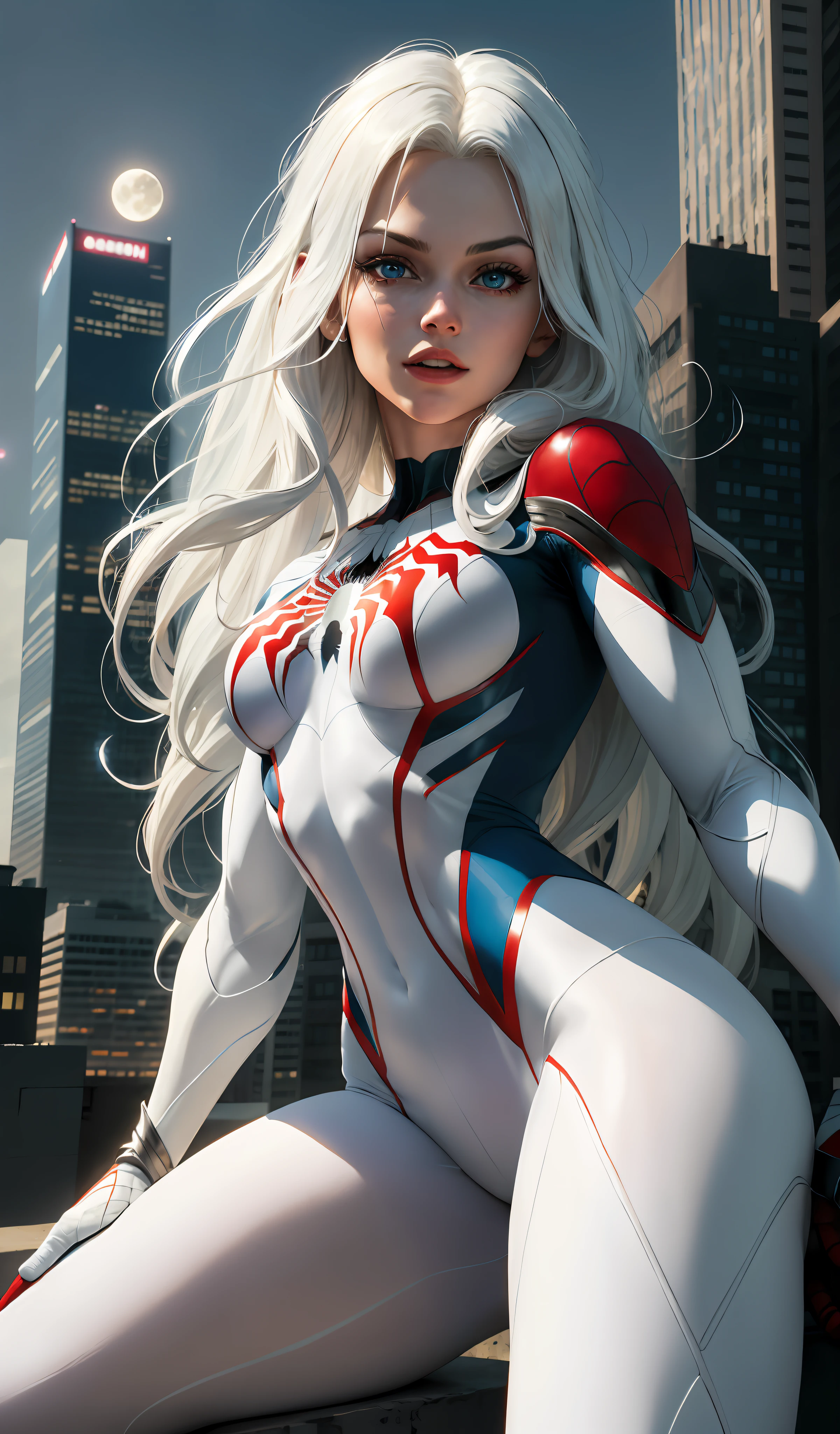 (Masterpiece, 4k resolution, ultra-realistic, very detailed), (White superhero theme, charismatic, there's a girl on top of town, wearing Spider-Man costume, she's a superhero), [ ((25 years), (long white hair:1.2), full body, (blue eyes:1.2), ((Spider-Man pose),show of strength, jumping from one building to another), ((sandy urban environment):0.8)| (cityscape, at night, dynamic lights), (full moon))] # Explanation: The Prompt mainly describes a 4K painting of ultra-high definition, very realistic, very detailed. It shows a superheroine at the top of the city, wearing a Spider-Man costume. The theme in the painting is a white superhero theme, the female protagonist has long white hair, is 25 years old and her entire body is shown in the painting. In terms of portraying the actions of superheroines, spiders are employed