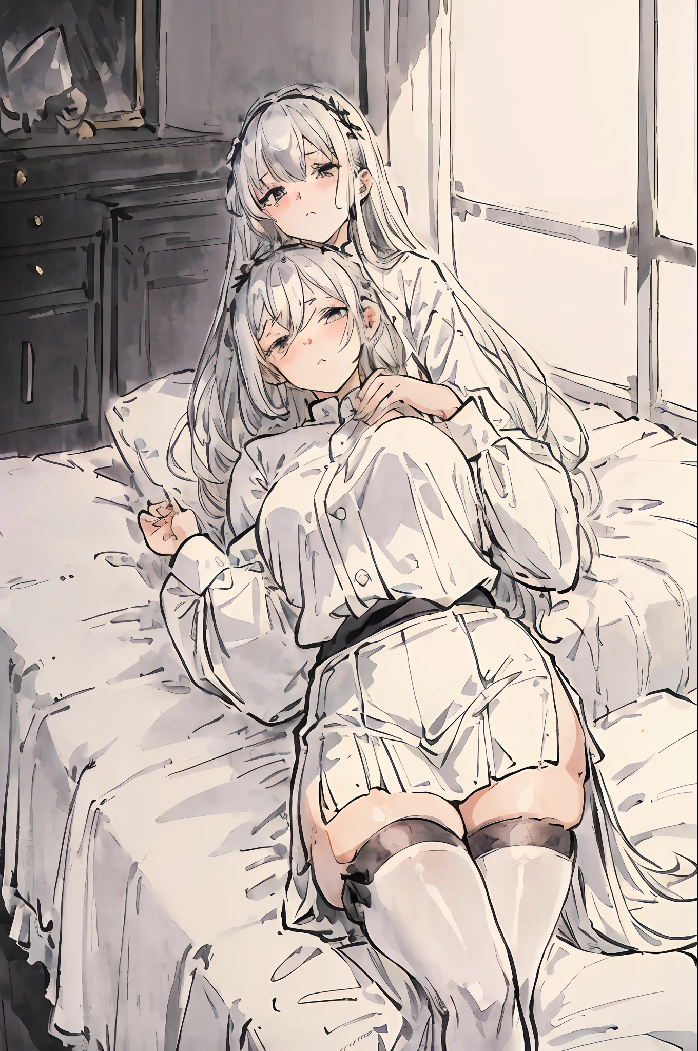 (((Anime Girl)),Ray Tracing,(Dim Lighting),[Detailed Background (Bedroom)),((Silver Hair)),((Silver Hair)),(((Fluffy Silver Hair, Plump and Slim Girl))) Avoiding Golden Eyes in the Ominous Bedroom ((((Girl Wearing White Shirt, Black Hundred Wrinkle Skirt with White Clear Stockings), showing a delicate and slender figure and graceful curves, correct limbs, lying on the bed with her hands hidden behind her head, Wear white high heels
