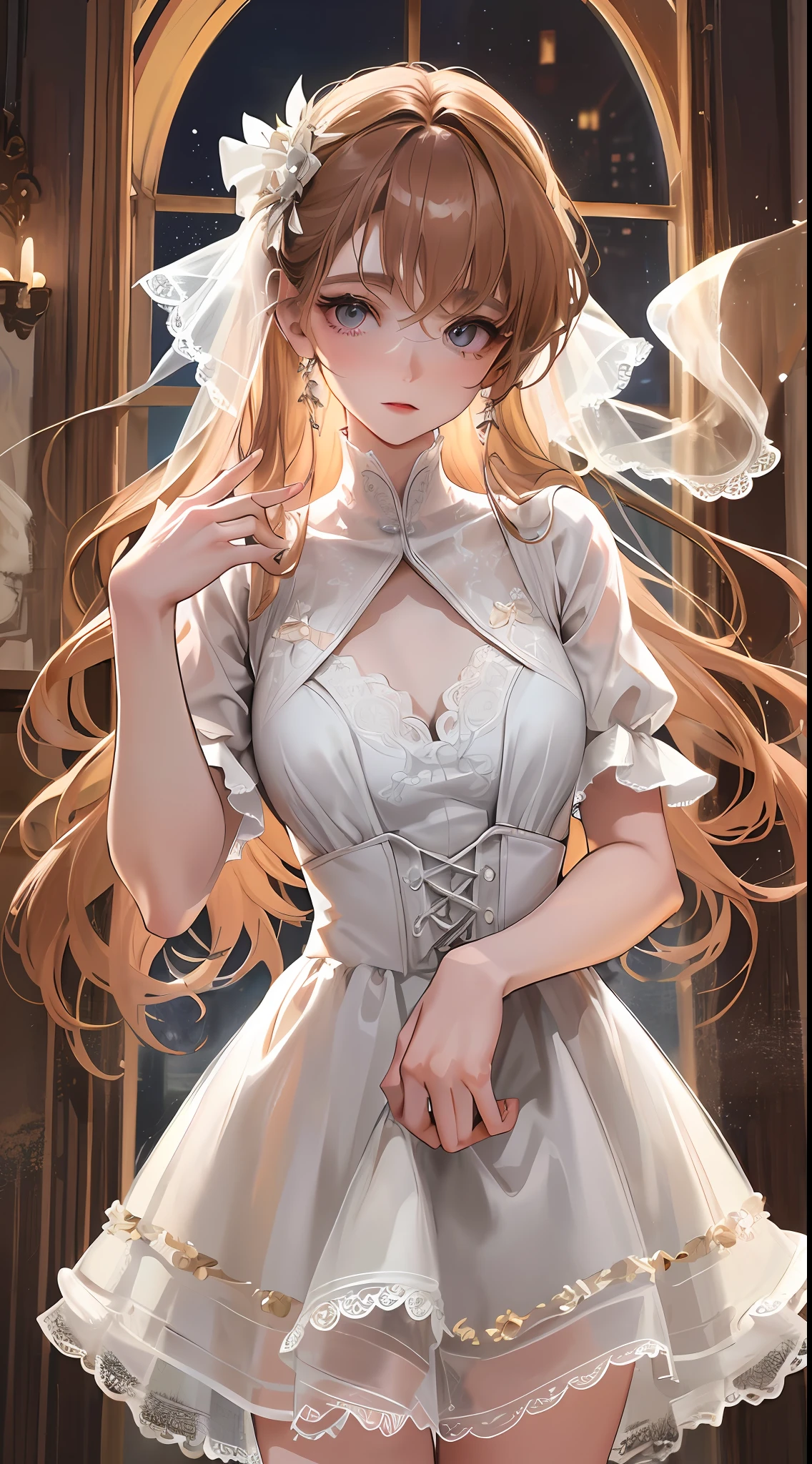 Extreme detail, high quality, elegance, long eyelashes, light chestnut hair, white dress, lace short sleeves, white ballet shoes, delicate face, {extreme sophistication and beauty}, {exquisite finish}, delicate glowing eyes, cinematic light, extreme light effect