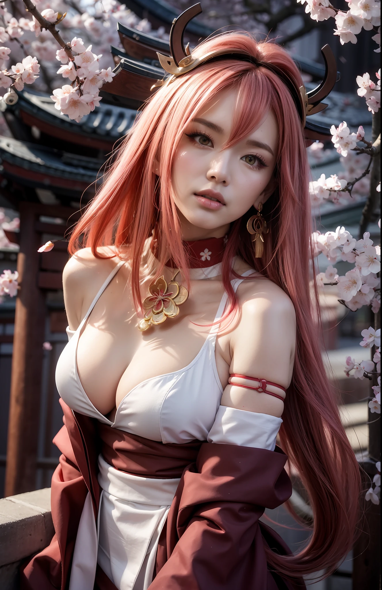 (Masterpiece, Excellent, 1girl, solo, complex details, color difference), realism, ((medium breath)), off-the-shoulders, big breasts, sexy, Yae Miko, long pink hair, red headdress, red highlight, hair above one eye, green eyes, earrings, sharp eyes, perfectly symmetrical figure, choker, neon shirt, open jacket, turtleneck sweater, against the wall, brick wall, graffiti, dim lighting, alley, looking at the audience, ((mean, seductive, charming)), ((cherry blossom background ))),((Japanese temple background)))), (((Glow-in-the-dark background)))