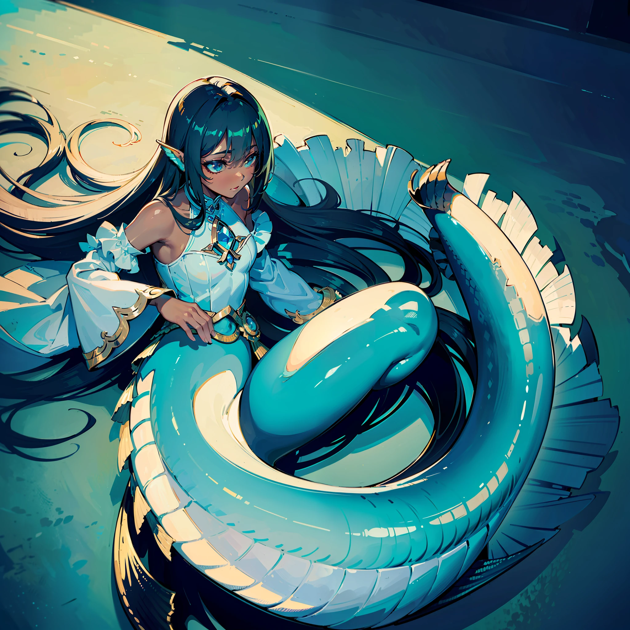 (masterpiece, best quality, super detailed, best shadow), (detailed background, dark fantasy), (beautiful detailed face), high contrast, (best lighting, very delicate and beautiful), ((cinematic light)), colorful, hyper-detailed, dramatic light, intricate details, mermaid girl, fish spine tail, dark skin, long mint hair with bangs, white top, long puffy sleeves, shell in hands, underwater