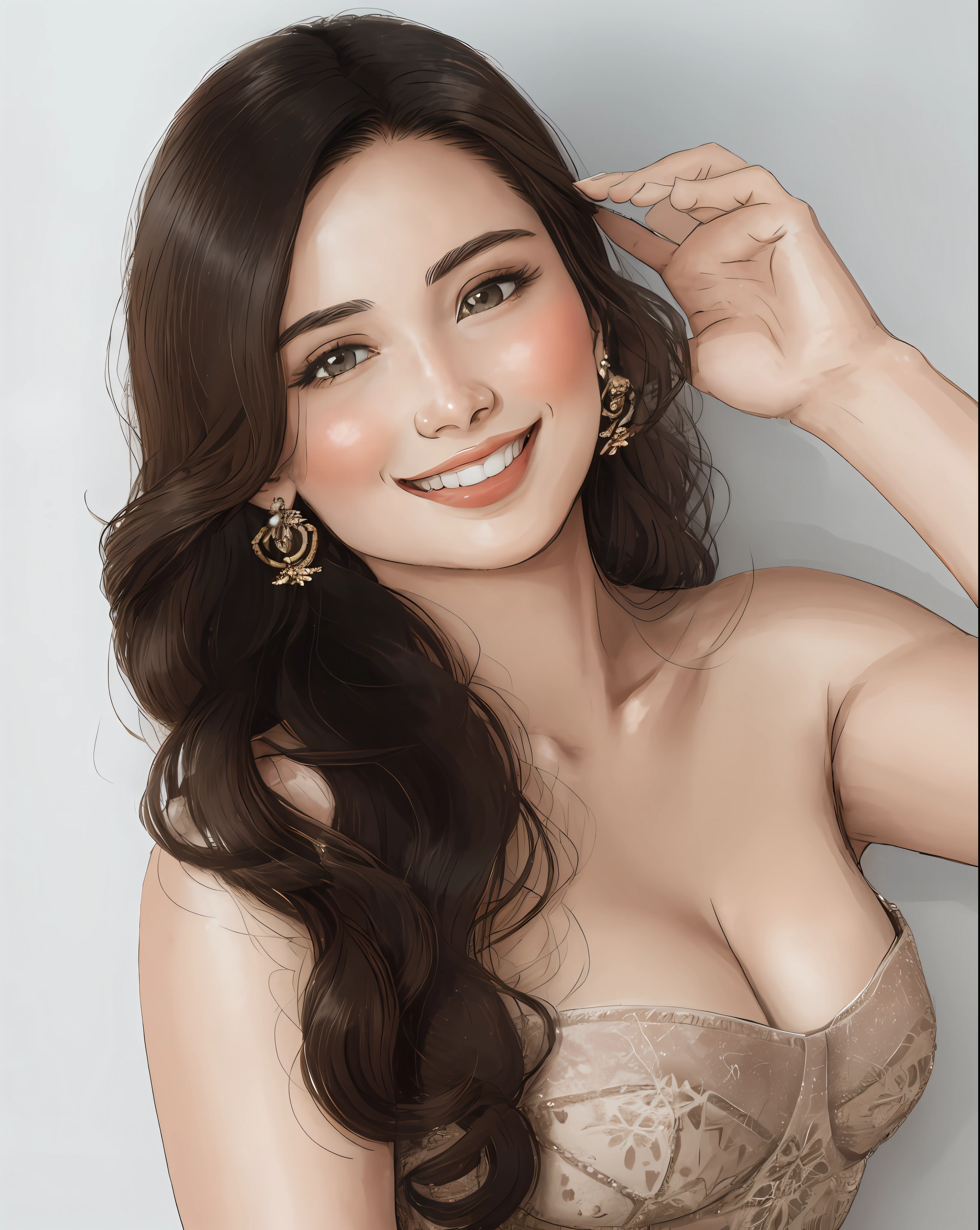 araffe woman with long brown hair wearing a dress and earrings, cindy avelino, ruan jia beautiful!, 2 , cute seductive smile, portrait of modern darna, painting, pastel, illustration, 2 8 years oldductive smile, joy ang, hi-res scan, hi - res scan, official photos, 2 3 years old, jaw-dropp accurate hands, perfect ratio four fingers one thumb.