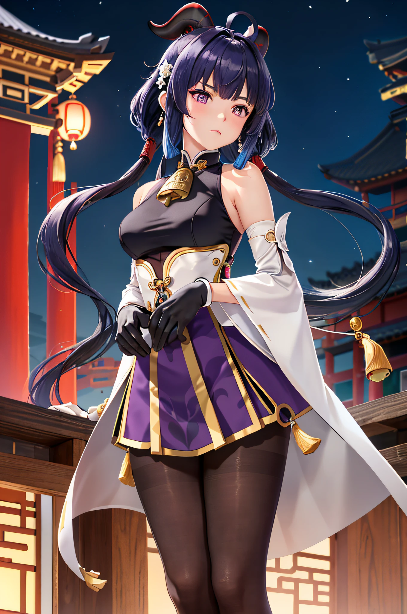 ganyu\(genshin impact\), 1girl, ahoge, architecture, bangs, bare shoulders, bell, black gloves, black tights, ((blue hair), blush, breasts, chinese knot, sleeve, East Asian architecture, flower knot, glove, horn, long hair, looking at the audience, medium chest, neckbell, night, outdoor, pantyhose, purple eyes, sideburns, solo, tassels, white sleeves, ((masterpiece))