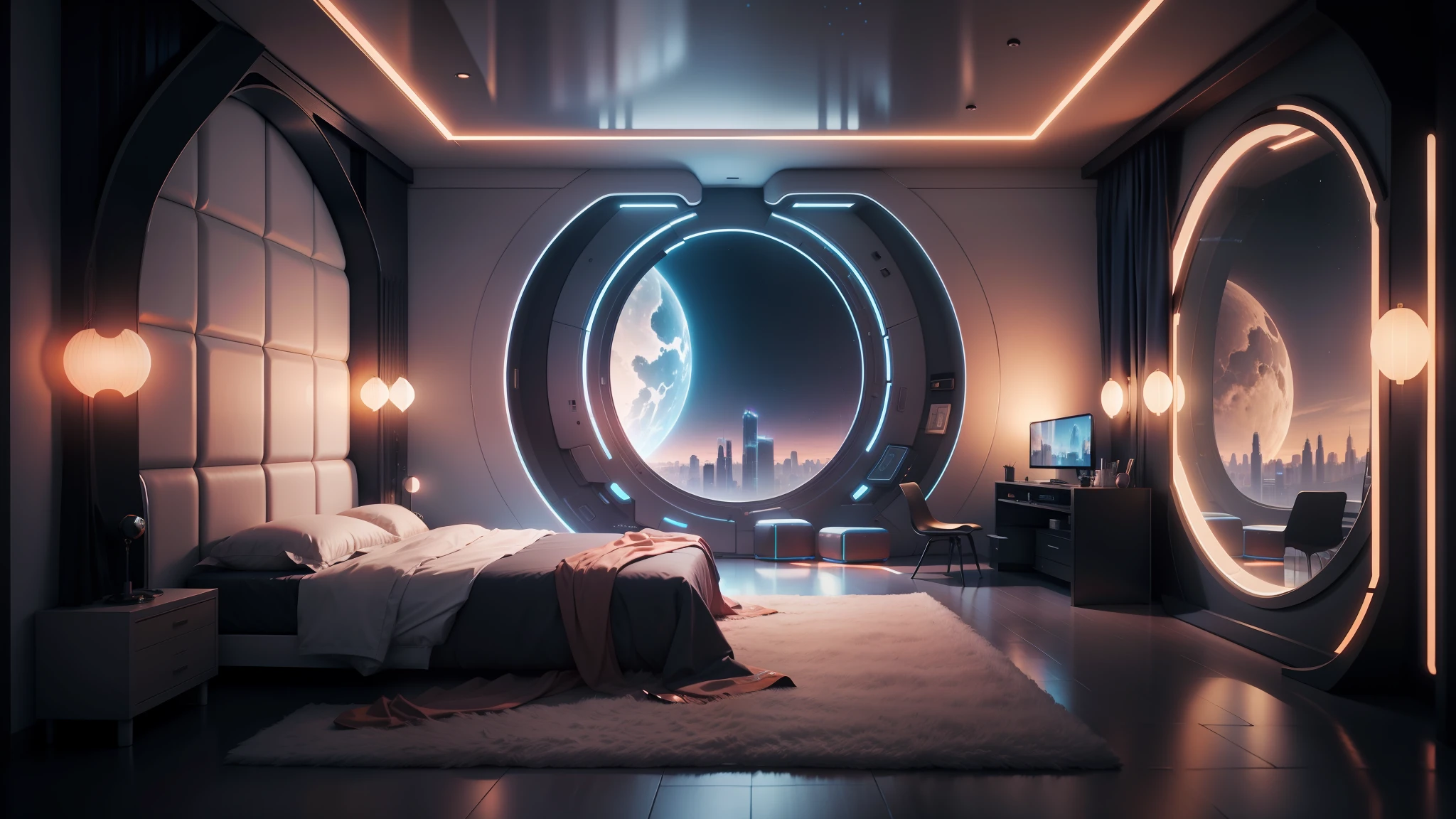 arafed bedroom with a bed and a large mirror in the wall, cozy 9 0 s bedroom retrofuturism, futuristic room background, retro futuristic apartment, futuristic. game cg, futuristic room, cyberpunk ager bedroom, cgsociety 9, futuristic decor, cyberpunk bedroom at night, cyberpunk apartment, cyberpunk childrens bedroom, the cyberpunk apartment, jessica rossier color scheme --auto --s2