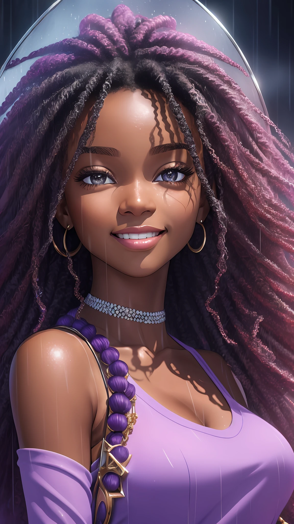 realistic portrait of beautiful 9 month old afro-futuristic baby girl ((dark skin color)) eating fruit, ((chibi)), cute smile, ((in the rain)), wearing purple plain t-shirt and jeans, current fashion, mega hair long curly hair, ((kanekalon)), (cinematic contour lighting), close-up, product preview, detailed facial details, perfect face, sharpness, trend art, sharp facial details, cgsociety , very high digital art quality, exquisite hyperdetail, 4k, 3D, 8k soft lighting, dreamy fashion --auto --s2
