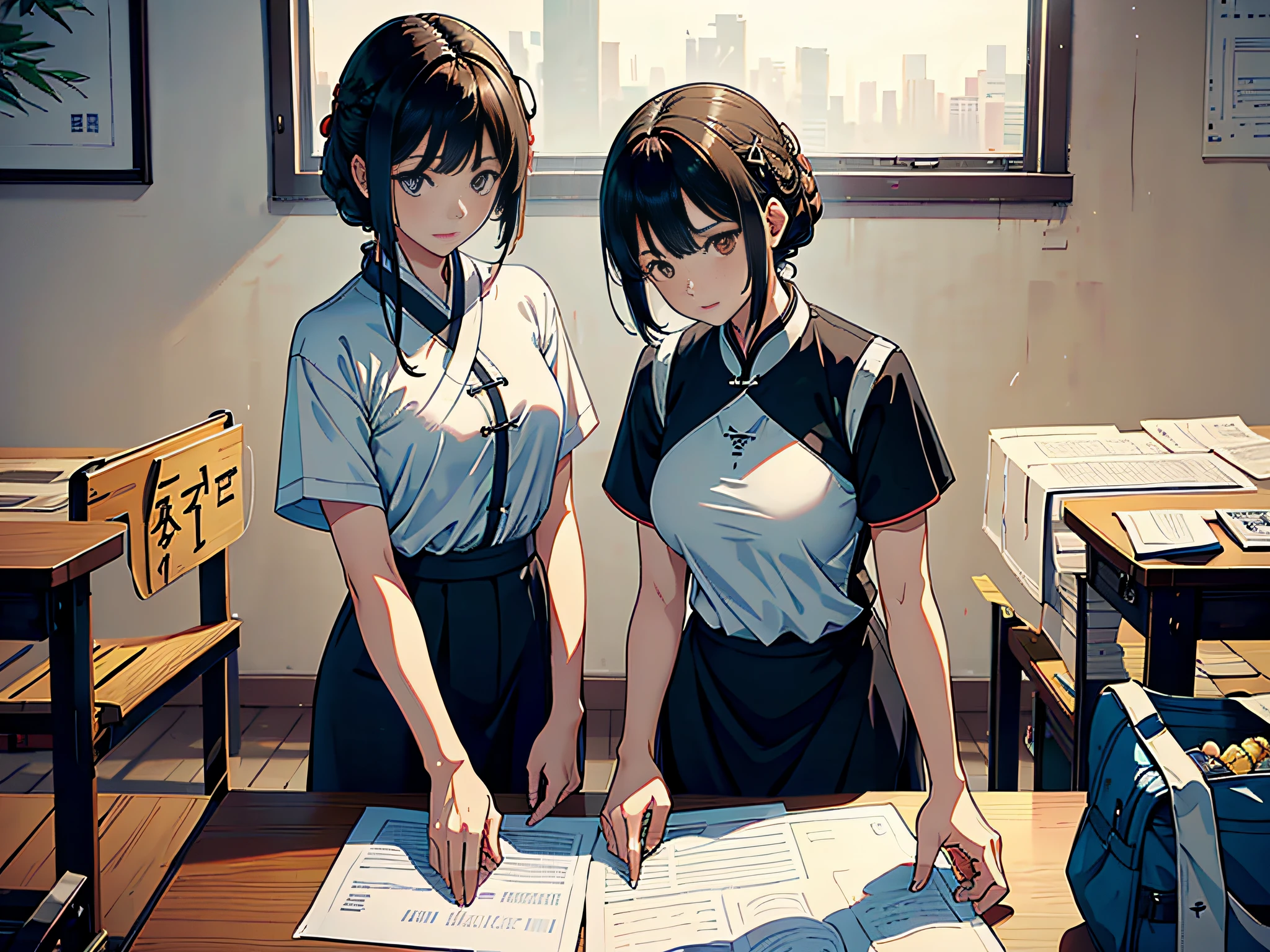 At noon, in the classroom, two female proctors walked into the classroom, holding top secret file bags, two female proctors wearing white T-shirts and short black hair, this female proctor looked at the camera, the lens mainly featured the upper body, in the Lofe art style ((Xinhai City), popular in CGStation, Xinhaicheng H 2160, inspired by Bian Shoumin, Xinhaicheng, Kavasi, Guwitz's style, high-quality pictures, 4K, 8K, resolution,