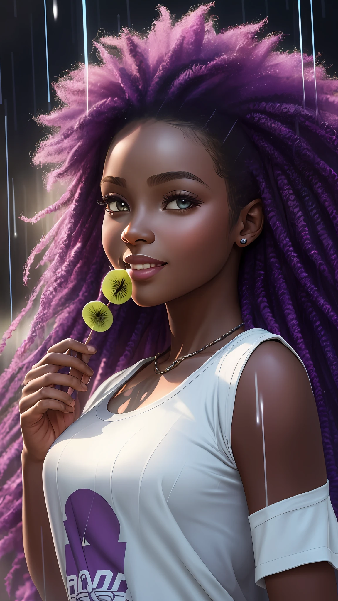 realistic portrait of beautiful 9 month old afro-futuristic baby girl ((dark skin color)) eating fruit, ((chibi)), cute smile, ((in the rain)), wearing purple plain t-shirt and jeans, current fashion, mega hair long curly hair, ((kanekalon)), (cinematic contour lighting), close-up, product preview, detailed facial details, perfect face, sharpness, trend art, sharp facial details, cgsociety , very high digital art quality, exquisite hyperdetail, 4k, 3D, 8k soft lighting, dreamy  fashion --auto --s2