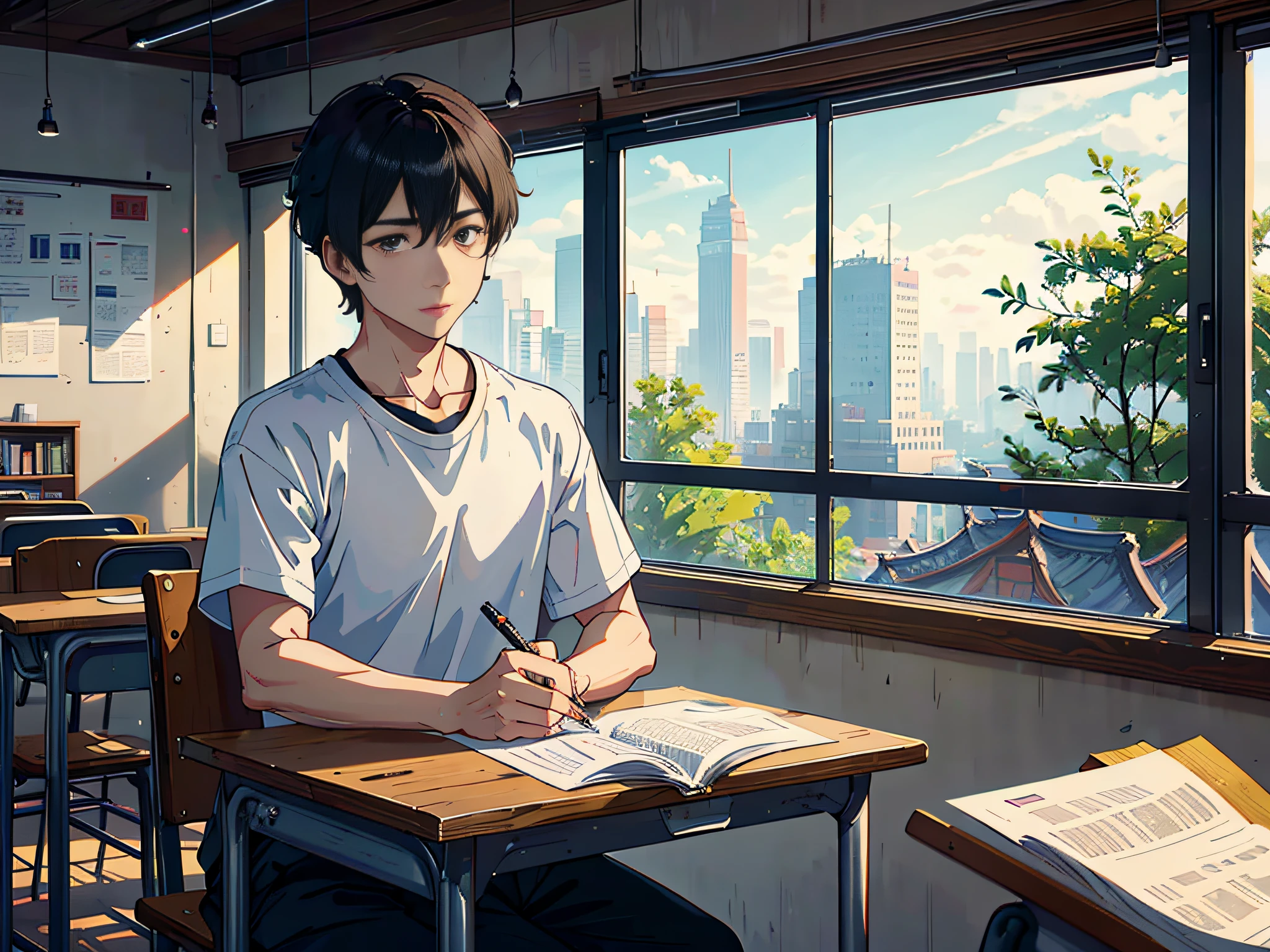 A male student is sitting in the classroom, boy, male classmate, in the campus classroom, this male classmate is wearing a white T-shirt, short black hair, holding a pen, there are test papers, there are books, the male classmate looks at the camera, the lens is mainly characterized by the upper body, in the Loepfe art style ((Xinhaicheng), popular in CGStation, Xinhaicheng H 2160, inspired by Bian Shoumin, Xinhaicheng, Kavasi, Guwitz's style, high-quality pictures, 4K, 8K, resolution,
