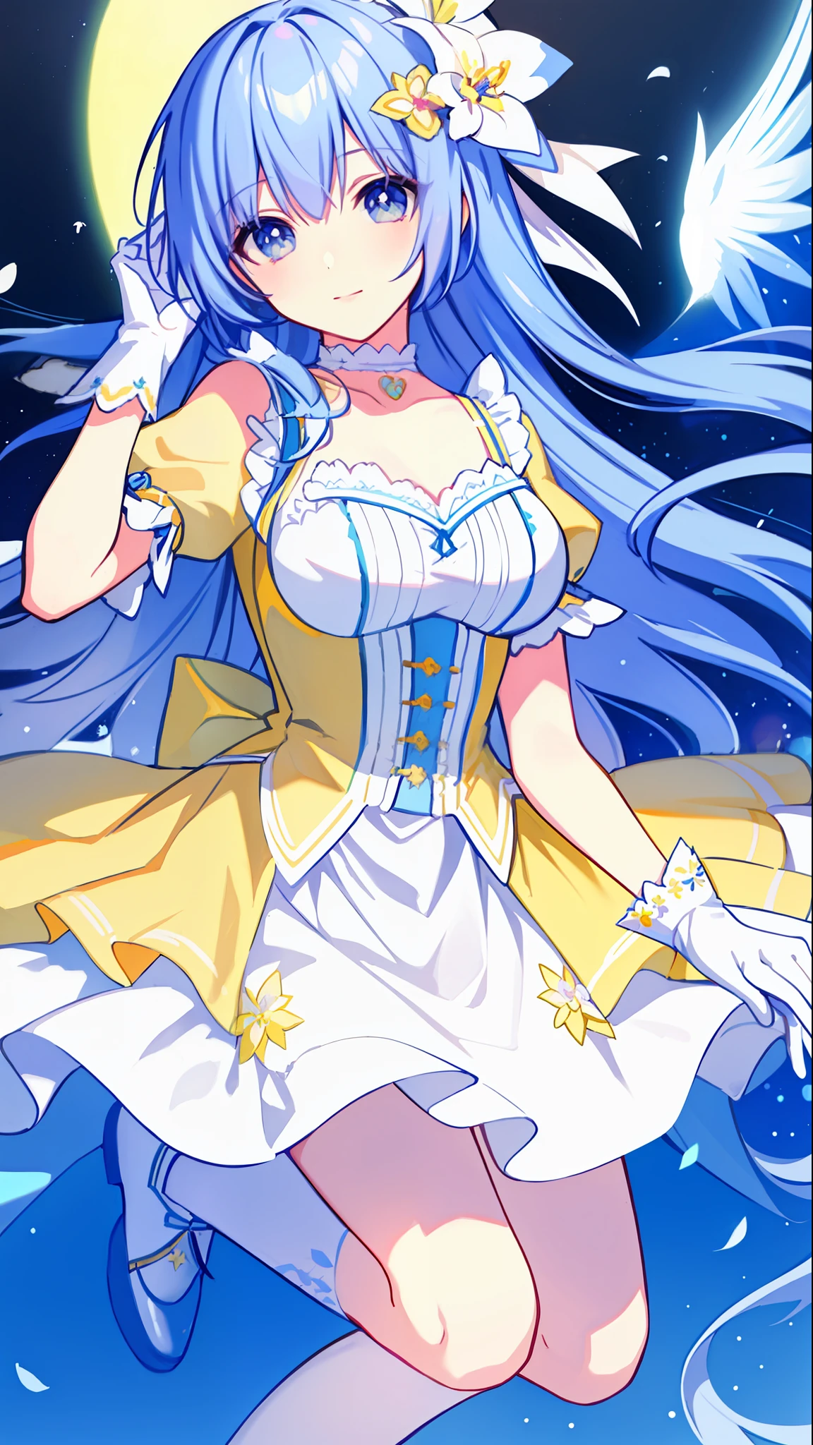 Left-facing, ((((Masterpiece)))), (((Best Quality))), (((Very Detailed))), Detailed Fingers, Illustration, 1 Girl, Solo, Long Sky Blue Hair, Violet Colored Eyes, Flower Hair Ornament, White Feather Hair Ornament, Yellow Moon Hair Ornament, Wide Open Chest, Large Breasts, Large White Ribbon at the Waist, Yellow Idol Dress, With White Flowers, Choker with Yellow Ribbon, White Gloves, White Tights , Yellow Shoes, MIKU, Royal Elegant Pose,
