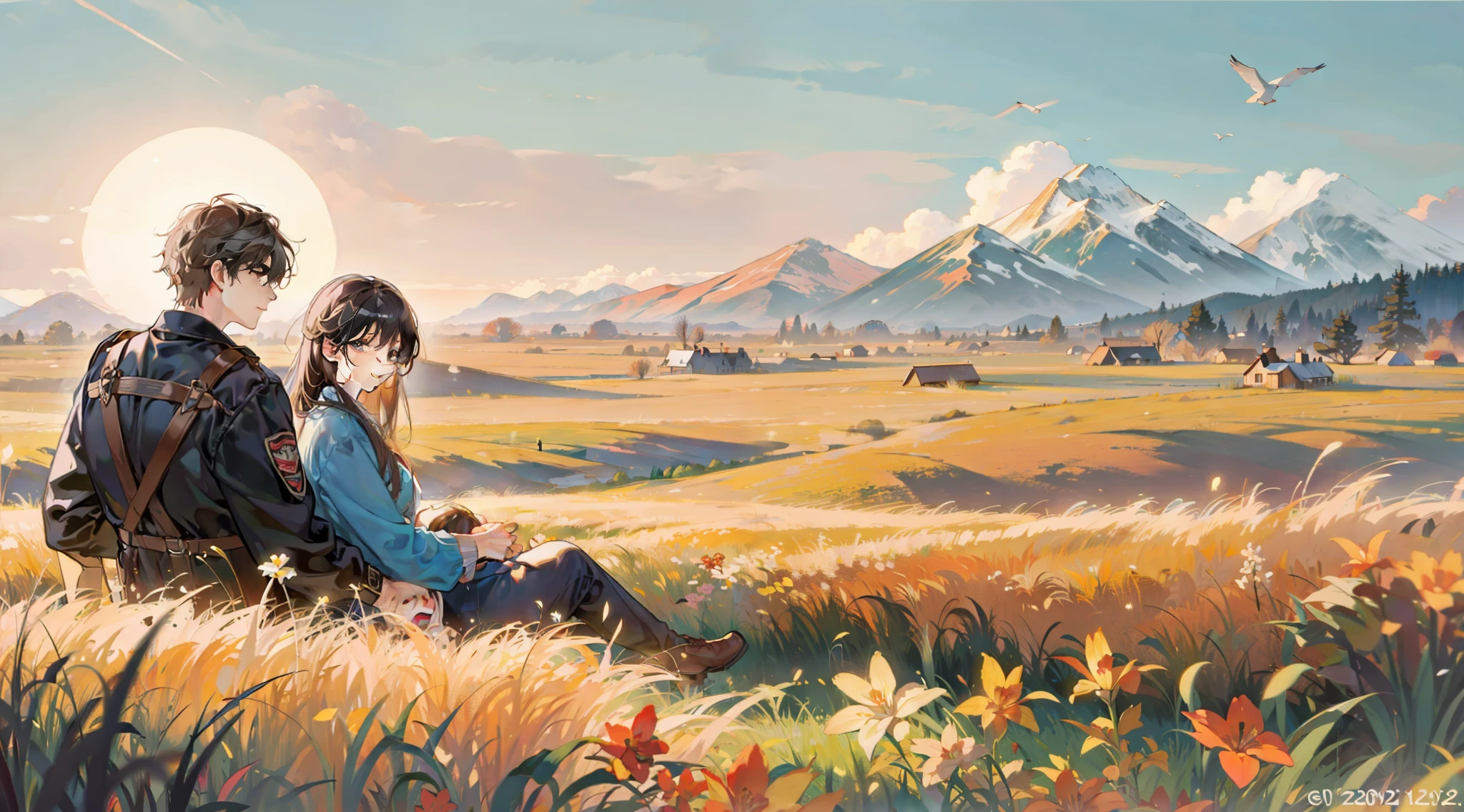 Couple sitting on the prairie