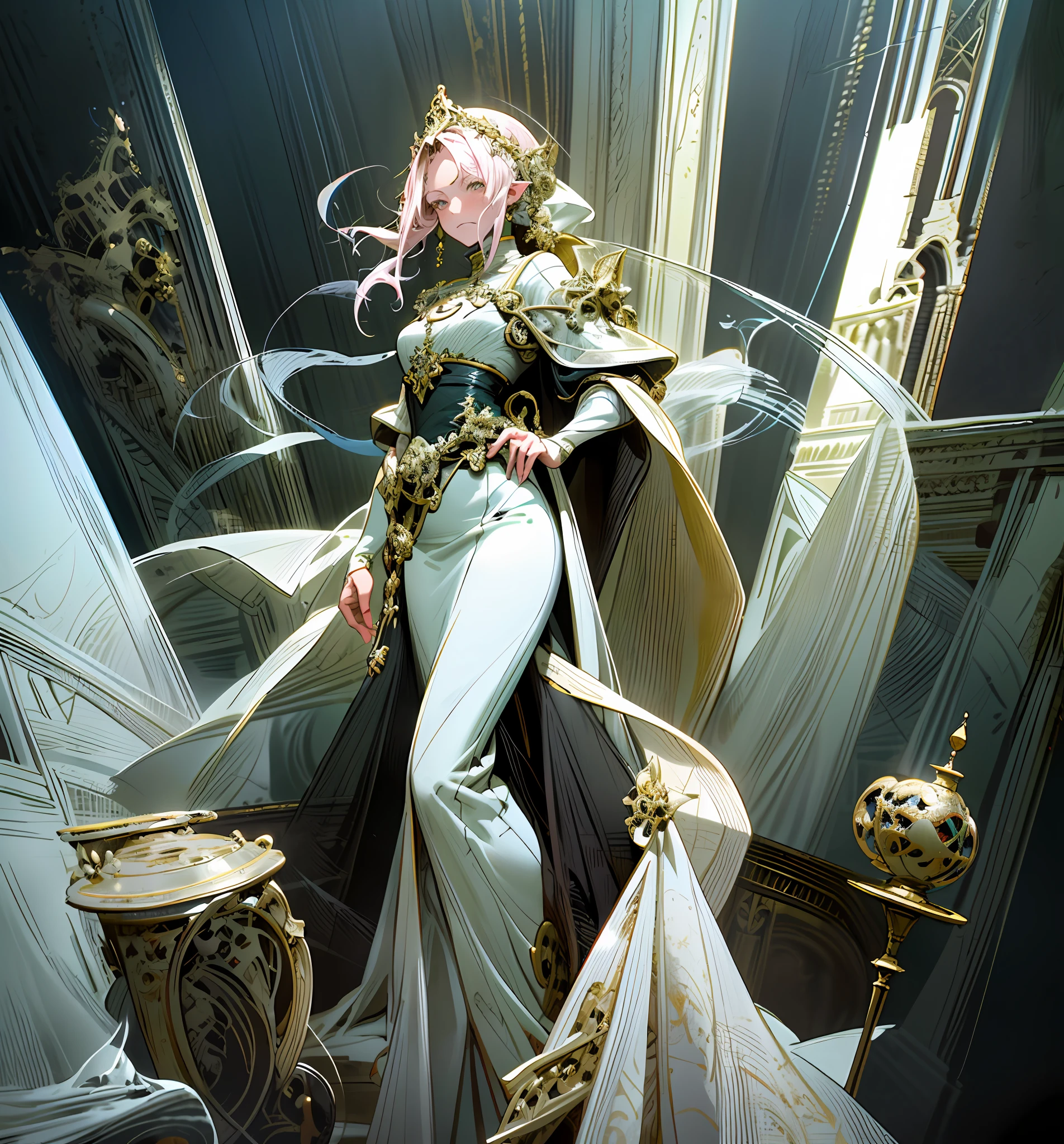 arafed woman in a white dress posing in a room, yoshitakka amano karol bak, [ 4 k digital art ]!!, sakimichan frank franzzeta, boris valejo. octopath traveler, 8k high quality detailed art, baroque digital painting, karol bak uhd, beautiful elegant demon queen