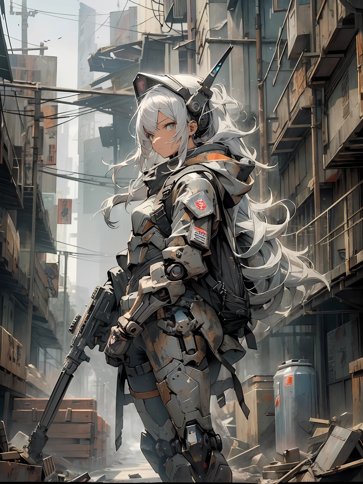 masterpiece, high quality, highly detailed, winter, japanese anime style, armored-core, slender black robot, 10 ft, small head, collapsed building, cool tall woman, cute face gray parka, dynamic angle, cute face, millet(backpack),gray parka, cover one's face with a hood,painting titled "She stands at the feet of the robot.", rough sketch, silver hair, dark skin,bright Golden eye, cinematic lighting, whole body, plant coverd rubble, flower, plant coverd ruin in Osaka, post-apocalypse, 1woman, smooth hair, red parka, black Stockings, depth of fieldmasterpiece,high quality,8k,16k,(((ARMORED CORE)))Rugged (Masquerade: 1.2),(dirt aging mecha: 1.4),(Rifle: 1.1),(flight, aero run: 1.4),(Discharge: 1.2),(glow purple: 1.3),(Explosion: 1.1),(Rapid: 1.2),(top: 1.6),,(Demonic Appearance: 1.6),(black armor: 1.6),((smart body shape)) (((perfect face))),((head-mounted display)))