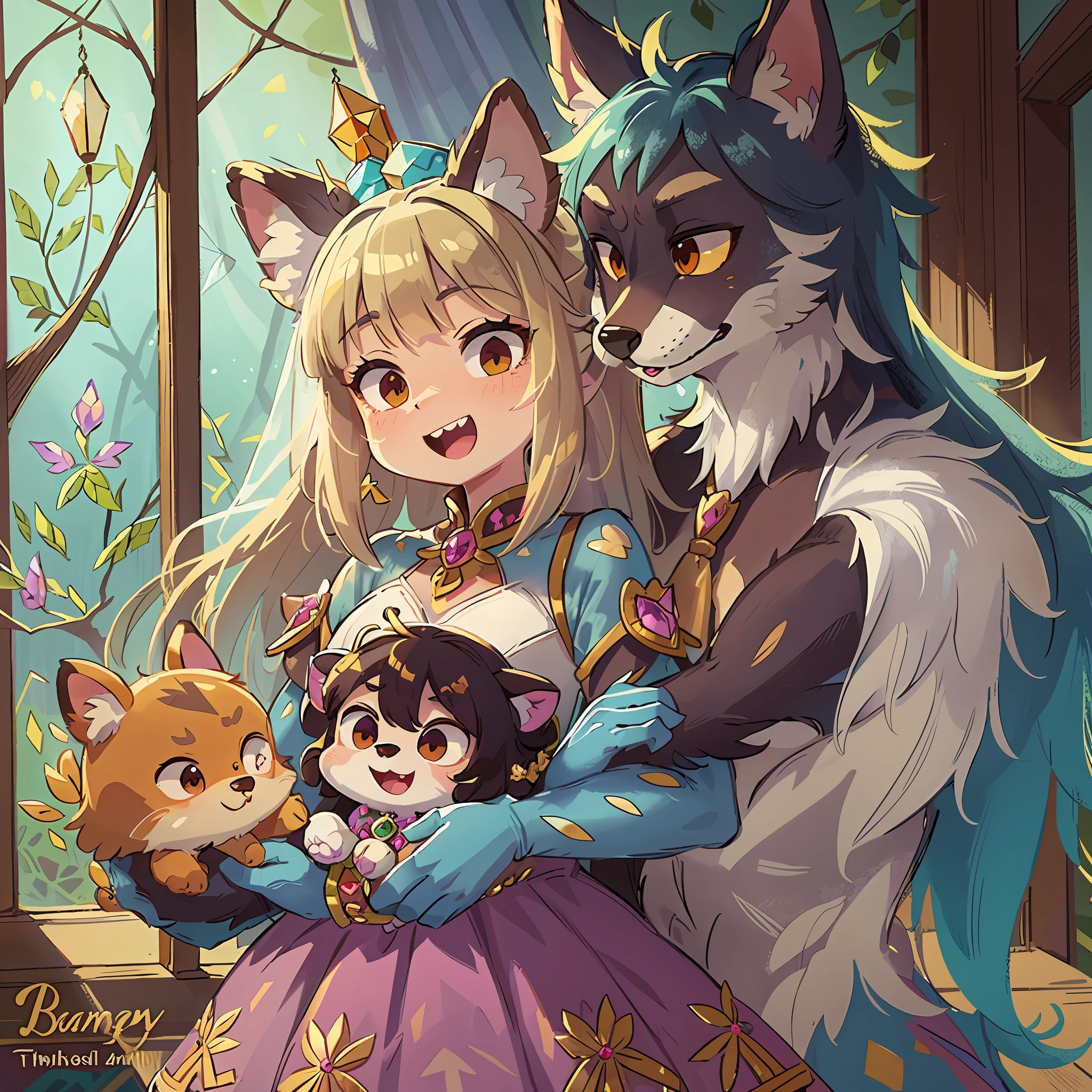 Top quality fantasy four-headed pale color flat(association colorful stained glass with shimmering light wedding aisles lined with jewel-like lamps)(very detailed beautiful face and eyes)perfect anatomy(((Beastman Beastwoman)))(furry husband in tuxedo furry wife in wedding dress husband hugging his wife from behind furry in pastor's clothes holding a clear book in his hands wedding photo Bouquet of beautiful flowers)(furry anthro:1.7)(furry body animal facial features animal body features)(animal muzzle highly detailed fur)chibi:1.5 full body smile with open mouth(dynamic pose),