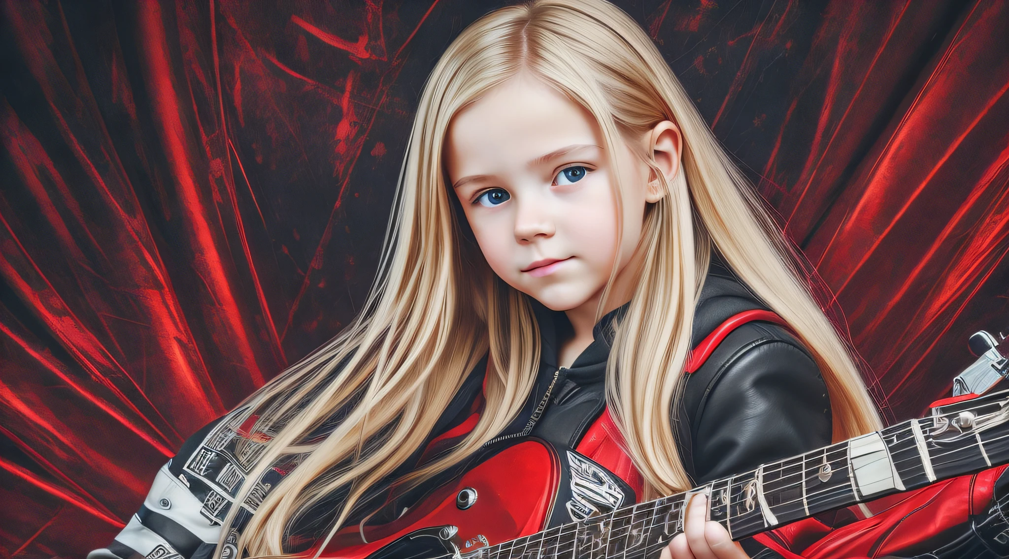 Russian style, girl children, portrait, long blonde hair with red leather jacket and black clothing, background with amplifiers and guitars,. --auto --s2