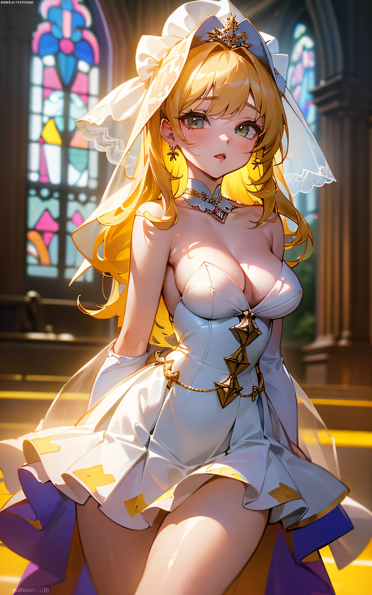 ((unity 16k wallpaper, masterpiece, best quality, ultra-detailed, extremely detailed CG, caustics, cinematic lighting, detailed, beautiful detailed eyes, NSFW: 2.0, , dynamic pose) ), erotic, sexy, ultra high resolution, ((cleavage, precise hands without discomfort, precise fingers without discomfort)), fine skin, (cute: 1.2), collarbone, (((JPOP Idol,)), (attractive, sexy pose)), sexy bride, (wedding dress: 2.0, wedding veil, white ruffled long skirt, yellow hair color, church, Colorful stained glass, arms behind back))
