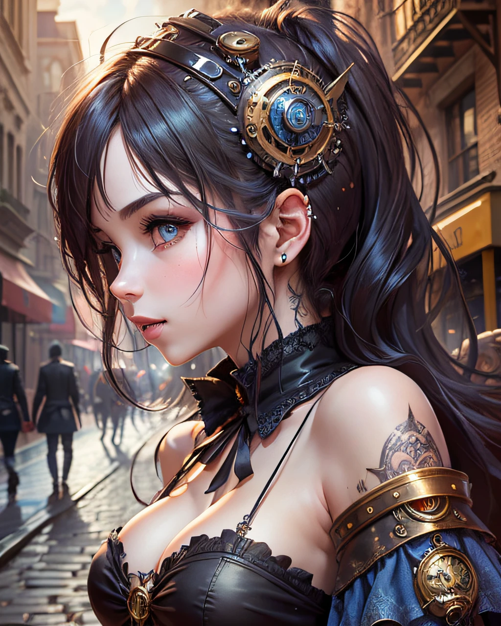(masterpiece, best quality, high detailed), 1girl, adult female, dark fairy, steampunk cover-ups, shoulder level shot, city alley