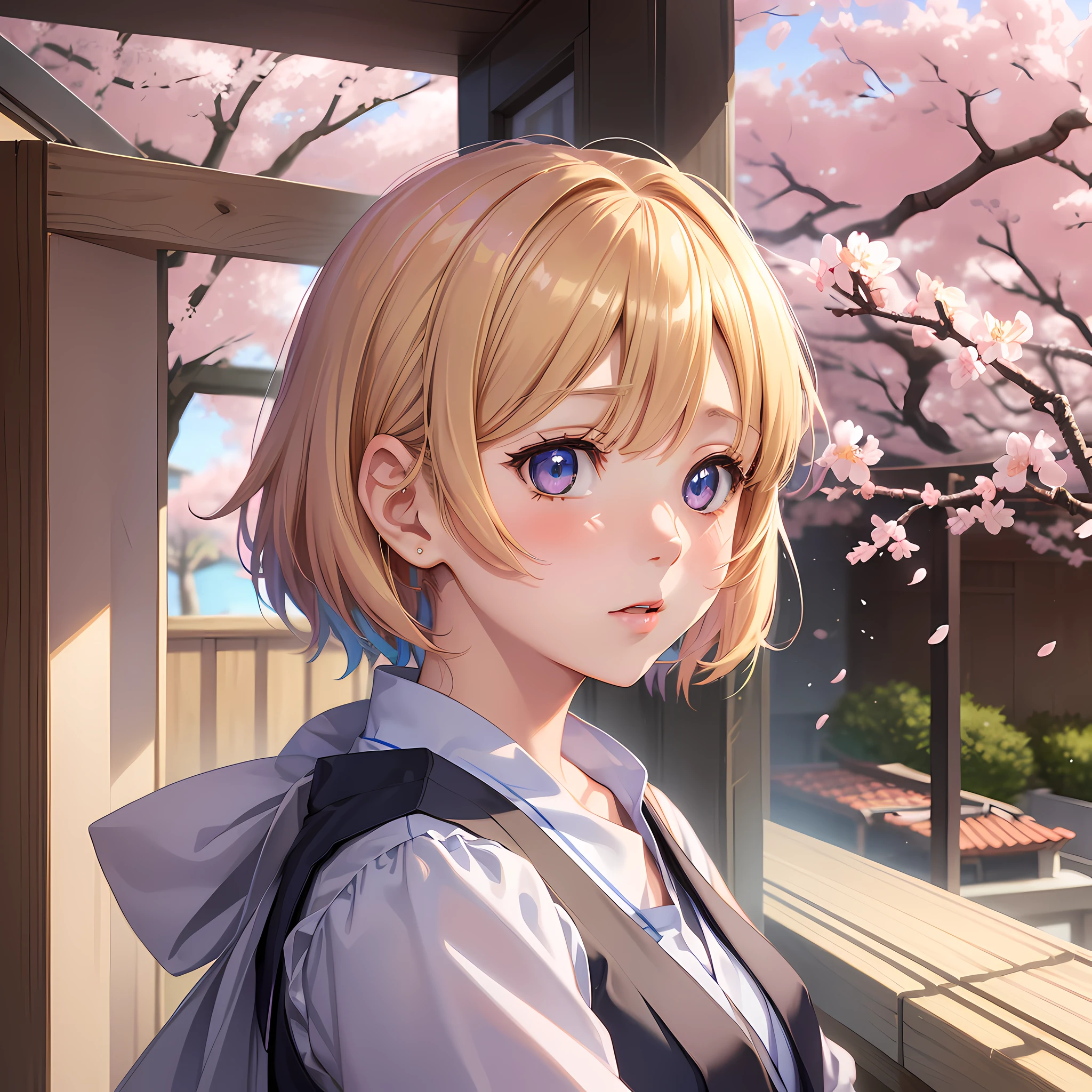 ("Anime Megami no cafe Terrace" by studio Kodansha:1.1), (portrait:1.2), (girl named Hououji Akane:1.3), (detailed:1.1), (high resolution), (vibrant colors), (soft shading), (lighting focus on face:1.2), (subtle blur:0.8), (indoor setting), (terrace cafe with cherry blossom trees in the background:1.2), girl portrait, blonde short hair, blue eyes