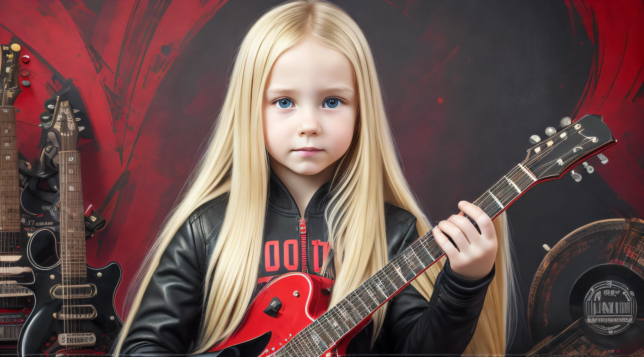 Russian style, girl ren, portrait, long blonde hair with red leather jacket and black clothing, background with amplifiers and guitars,. --auto --s2