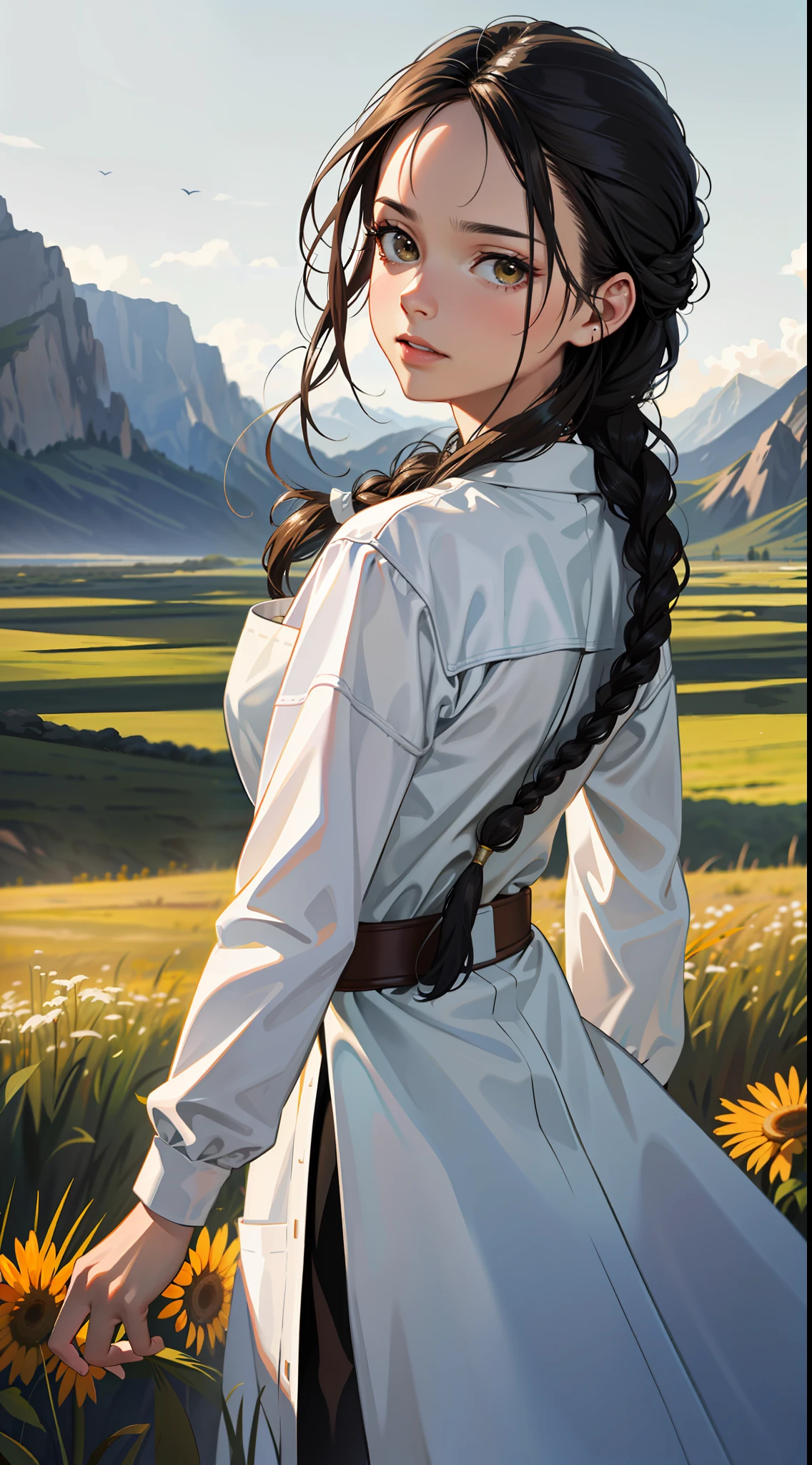Movie Poster,Single,Most Real,Highest Resolution,Face Resolution,(((Braid Hairstyle: 1.5)),Science Fiction,Sci-Fi,Movie Based Foundation,View from front,Angry,Woman,Discreet Adult,Black One-Sided Hairstyle,Brown Eyes,(Reference to White Scientist Set :1.5),Filed in the middle of a wide open meadow with a breeze blowing,High quality images