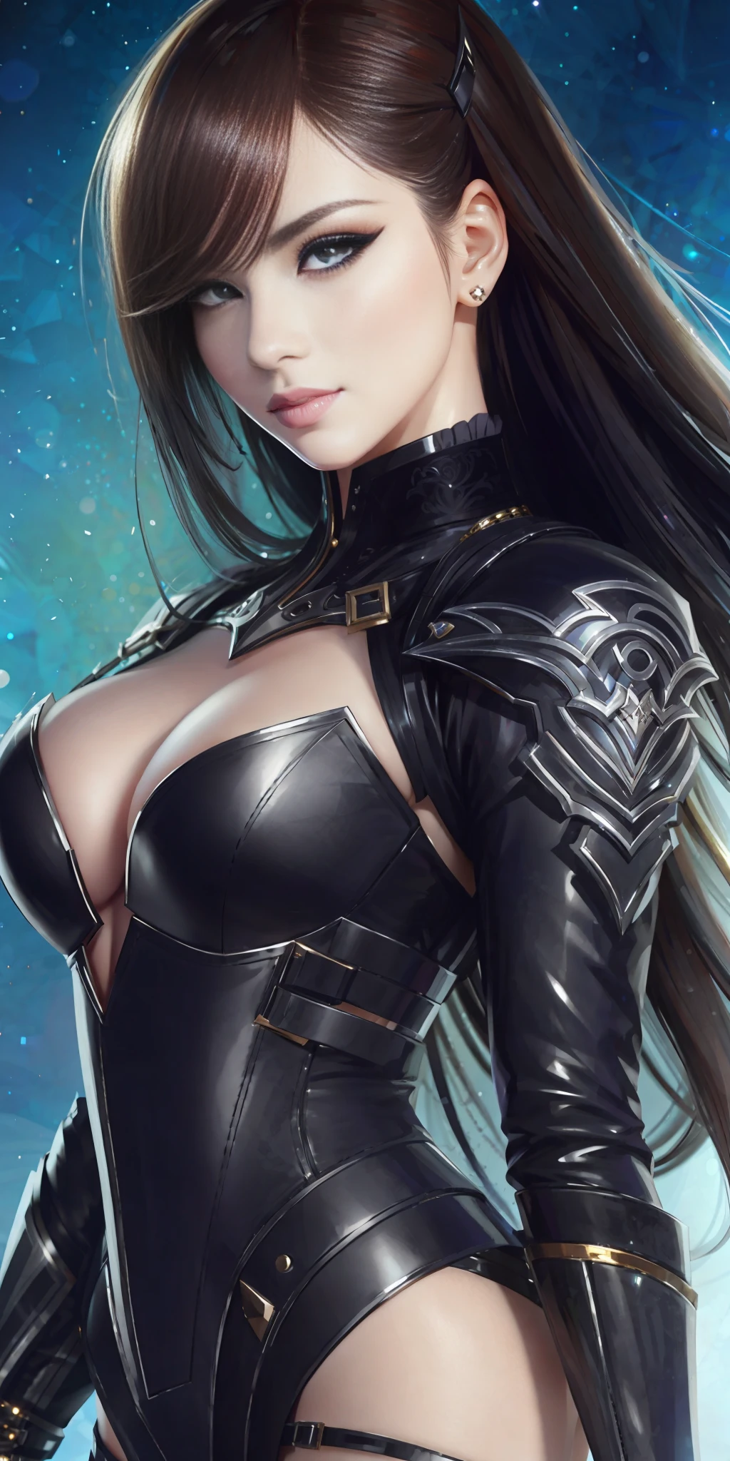Close up portrait of woman in leather costume posing for photo, Karol Baku UHD, wlop and artgerm, 8k high quality detailed art, attractive mesmer woman, beautiful attractive anime woman, wlop shiny skin, artgerm. High detail, 8K art germ bokeh, 4K detail fantasy, full body, outstanding proportions