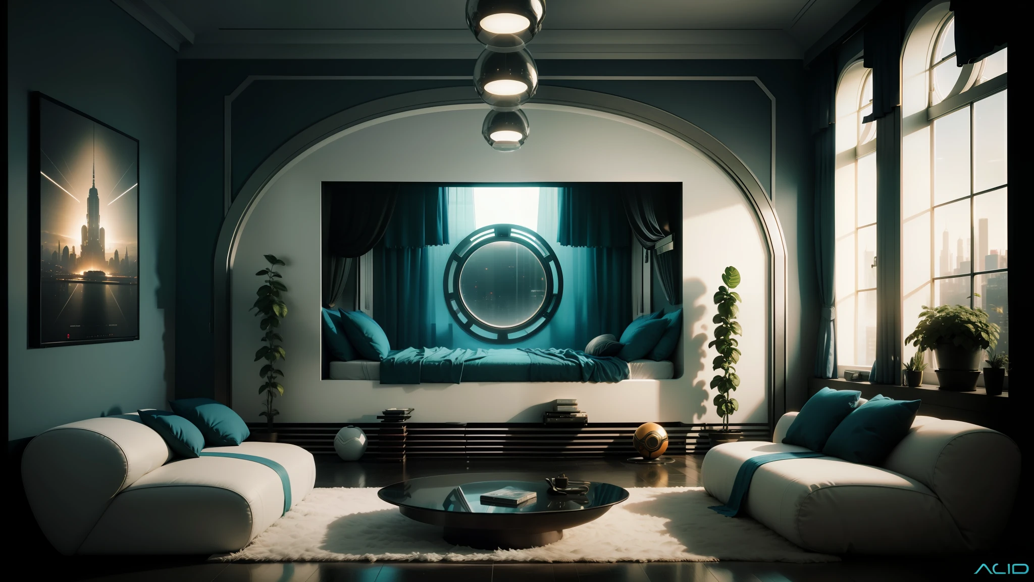 arafed bedroom with a round window and a bed in it, cozy 9 0 s bedroom retrofuturism, retro futuristic apartment, cgsociety 9, futuristic room background, futuristic room, jessica rossier color scheme, futuristic interior, futuristic. game cg, unreal engine 5 8 k rendering, cgsociety unreal engine, unreal engine 5 4k render, sci - fi interior --auto --s2