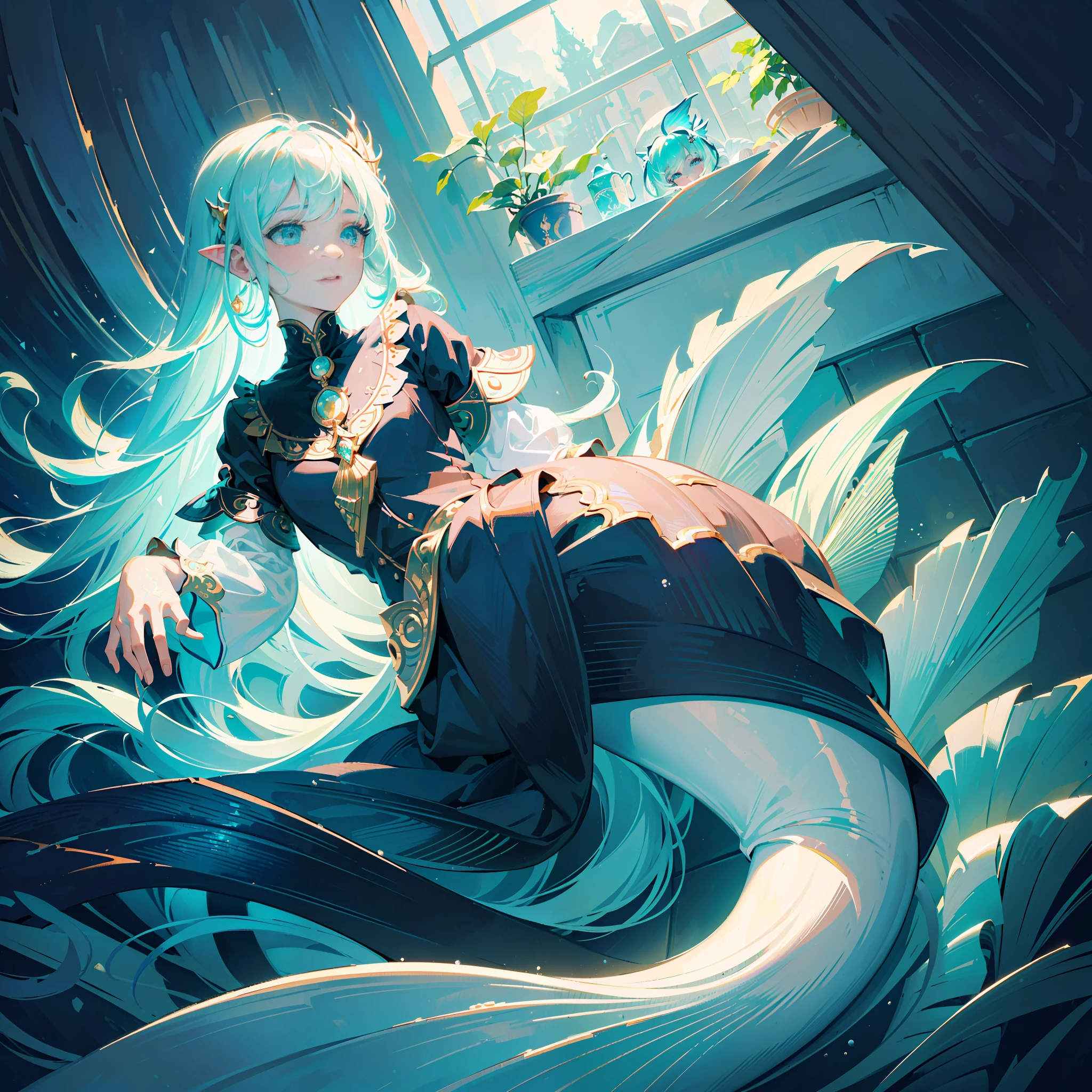 (masterpiece, best quality, super detailed, best shadow), (detailed background, dark fantasy), (beautiful detailed face), high contrast, (best lighting, very delicate and beautiful), ((cinematic light)), colorful, hyper-detailed, dramatic light, intricate details, mermaid girl, fish spine tail, dark skin, long mint hair with bangs, white top, long puffy sleeves, shell in hands, underwater