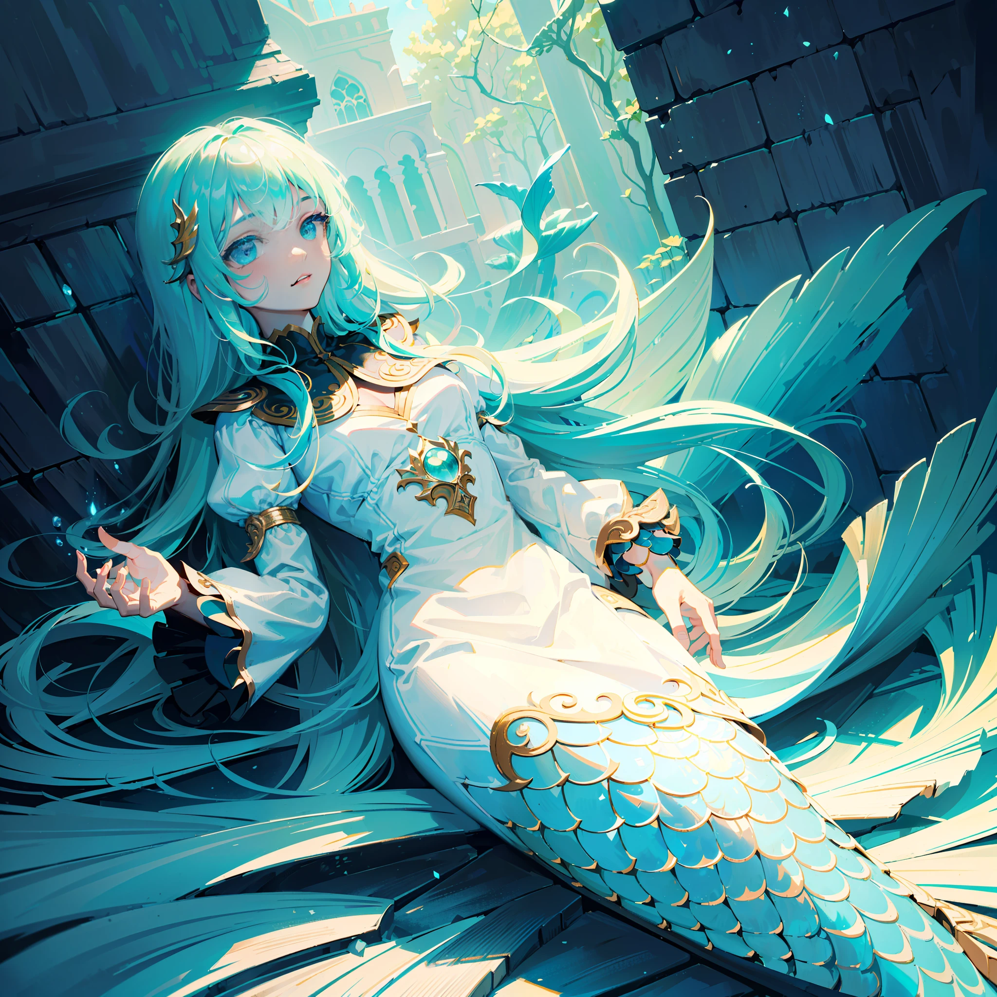 (masterpiece, best quality, super detailed, best shadow), (detailed background, dark fantasy), (beautiful detailed face), high contrast, (best lighting, very delicate and beautiful), ((cinematic light)), colorful, hyper-detailed, dramatic light, intricate details, mermaid girl, fish spine tail, dark skin, long mint hair with bangs, white top, long puffy sleeves, shell in hands, underwater