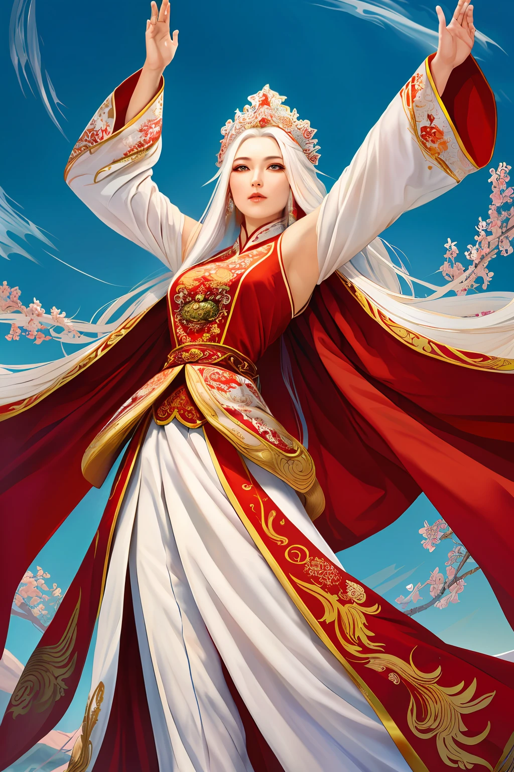 (masterpiece), (best quailty), (best illustration), torino aqua, long white hair, red eyes, white chinese clothes, bare shoulders, divine, (from below, low angle), arms up, tall figure, cowboy shot, (detailed fantasy art),