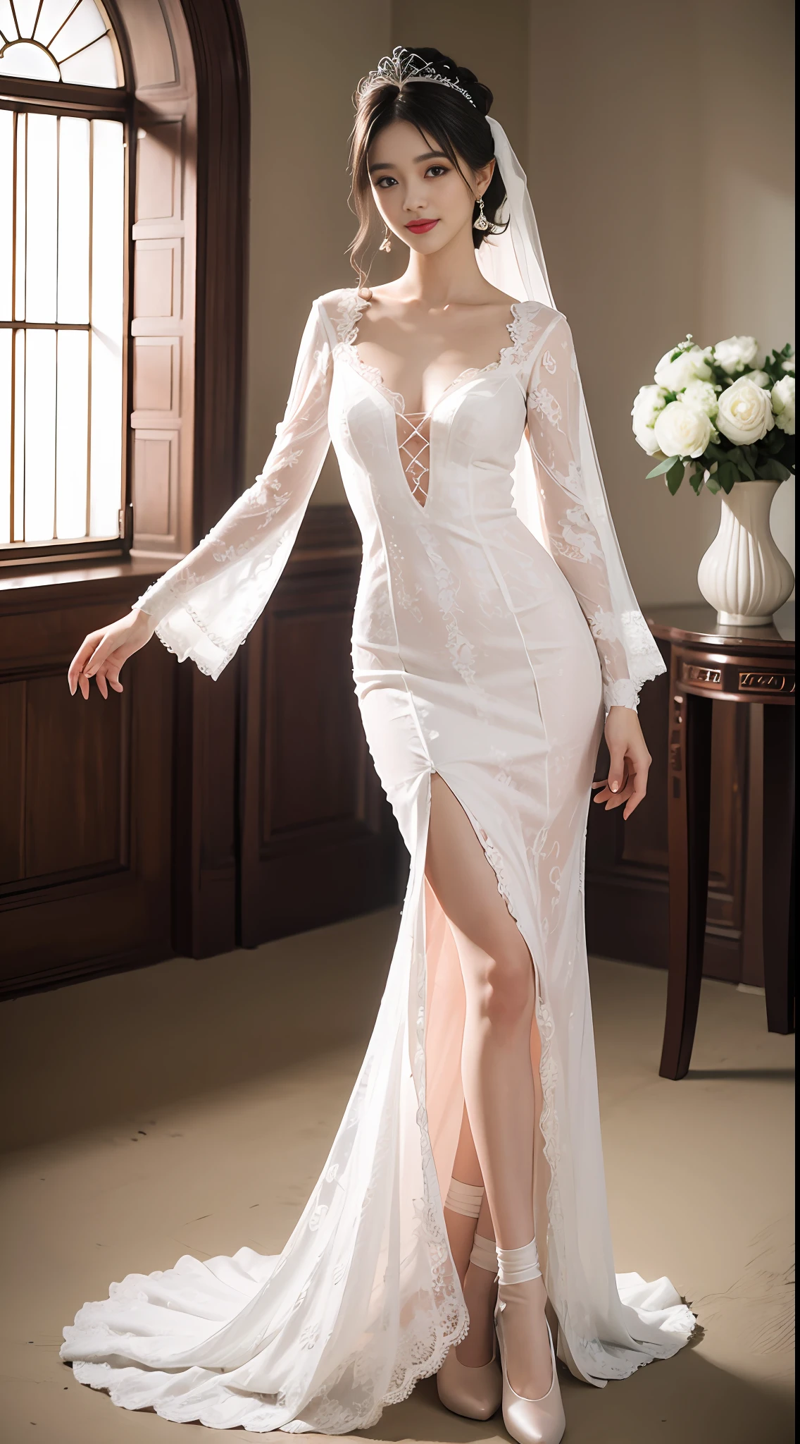a beautiful goddess wearing a thin bridal gown with light pink lace, a deep lace wedding dress with a deep slit, a chinese dress, a phoenix patterned ancient costume, white skin, a flawless white and pink face spot, neatly tied hair, pretty bow, hairpin, crown and a thin red lace head scarf worn on the bride's head, hip-length black hair, beautiful and sharp red eyes, small lips red, light smile, jewelry neck, earrings, white and even teeth, high nose, big round breasts, long legs, thin black mesh socks, (beautiful bridal style), full body most realistic, highest quality, best pixels, super 8k, (night beach), surreal and detailed images, 8k quality (background details): 1.8), panorama, background focus,