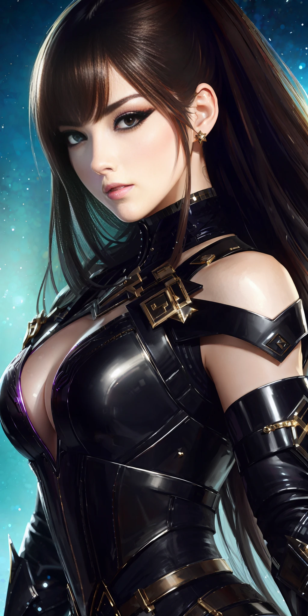 Close up portrait of woman in leather costume posing for photo, Karol Baku UHD, wlop and artgerm, 8k high quality detailed art, attractive mesmer woman, beautiful attractive anime woman, wlop shiny skin, artgerm. High detail, 8K art germ bokeh, 4K detail fantasy, full body, outstanding proportions
