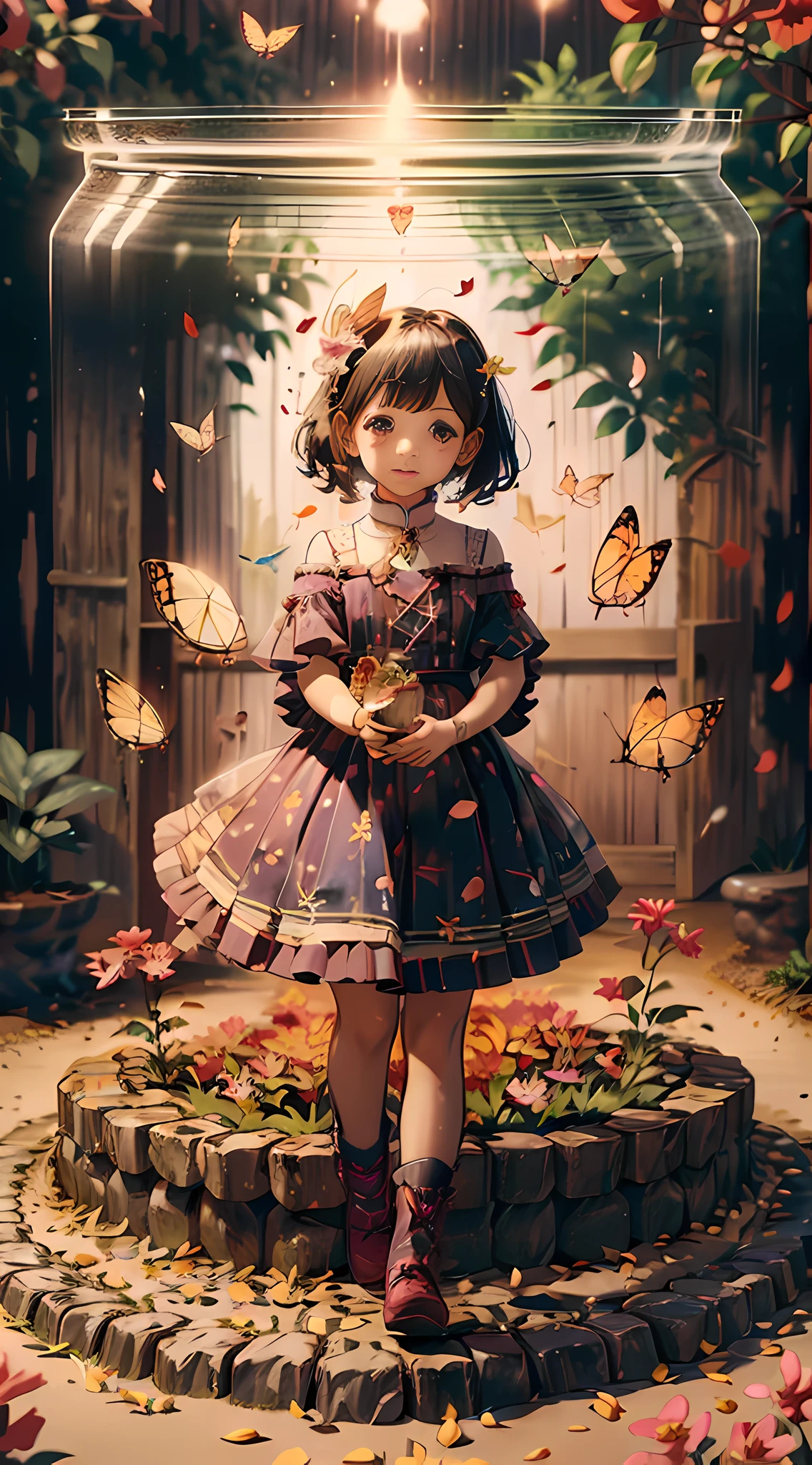GIB\(CONCEPT\), JAR, BOTTLE, (Short hair:1.2), ((best quality)), ((masterpiece)), ((realistic)), ((7--old l walking in a garden, inside a cute jar, wearing a dress with a hair ornament, surrounded by flying butterflies and flowing flower petals)), Immerse yourself in a world of wonder as you witness a 7-year-olrl, aable and chibi-like, exploring a whimsical garden within a tiny jar. With her dress adorned with a charming hair ornament, her flowing and glowing hair adds to her irresistible charm. As she takes each step, butterflies gracefully flutter around her, and flower petals gently sway in the wind, creating a breathtaking display of natural beauty. The silhouette of black vegetation serves as a striking background, highlighting the girl's innocence and joy. In the distance, a firefly flickers, adding a touch of enchantment to the scene. Splashes of water playfully bring the garden to life, evoking a sense of playful delight. Be mesmerized by the Tyndall Effect, as light filters through the jar, casting a luminous background that enhances the vibrant colors and creates a captivating atmosphere. Prepare to be captivated by this splendid and gorgeous masterpiece, where imagination and nature intertwine in a world of vibrant beauty. Haircut model by Layered haircut, possed is Profile pose, sharp pink, shooting angle is Wide-angle view, time is Golden Hour,