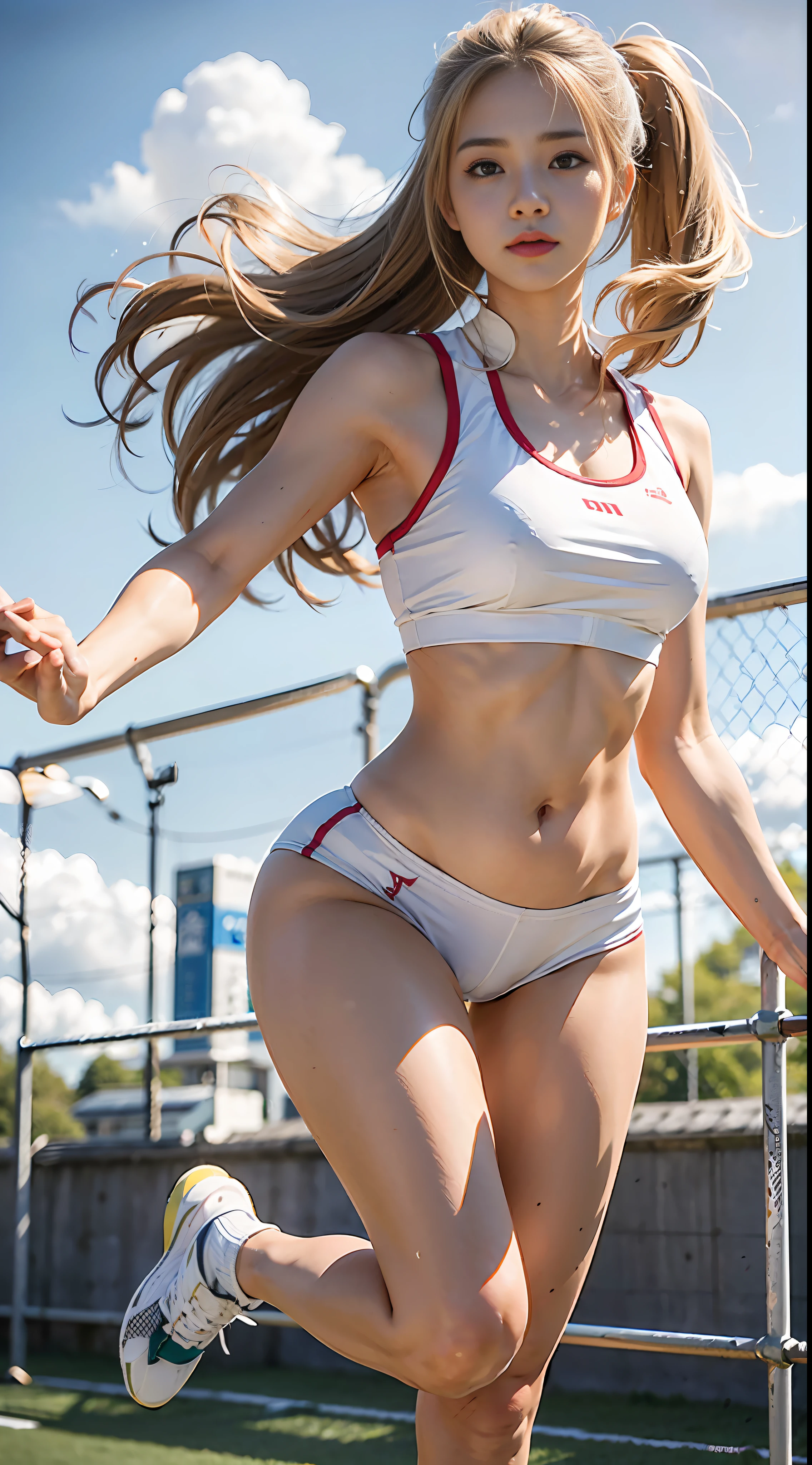 (Photogenic, Various poses, best quality, Masterpiece: 1.5), Athletics, sports ground, track, voluptuous body, beautiful face, 3D, Japanese, gym clothes, bloomers, bandy-legged, blond hair, beautiful face, shining thighs, pure white skin, Japan, high school girl, real