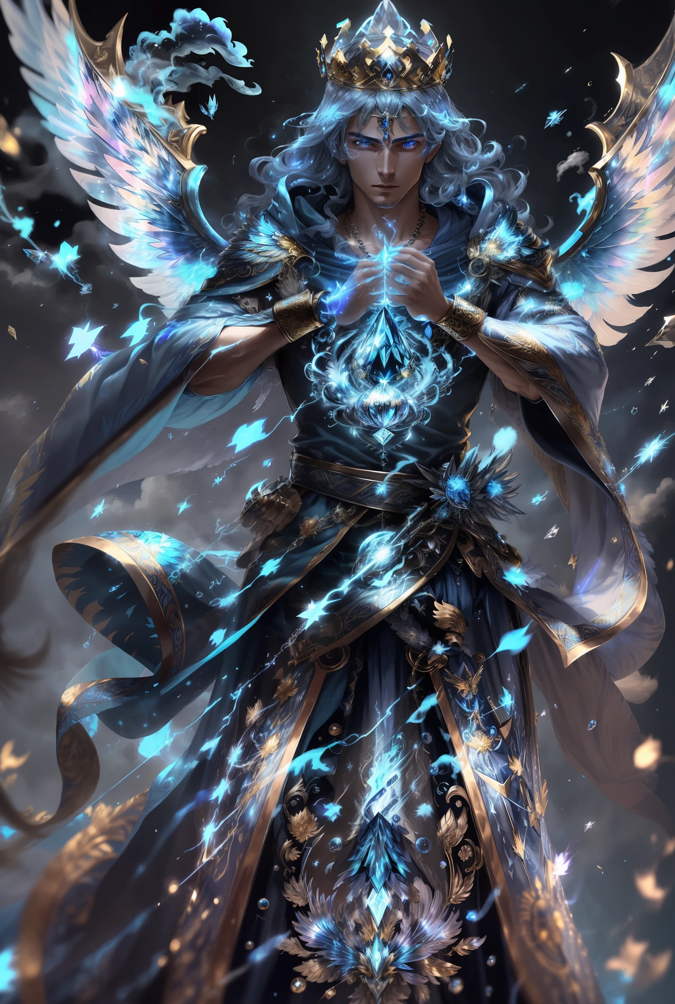 Masterpiece, top quality, iridescent hair, blue lightning, magic. Another world. Blue smoke billows. Handsome. Handsome man. Cool. A man in his 20s. Eyes that glow blue. Blue thunder. Suit. Airborne particles. Cloak. Necklace. Robe of feathers. A large sword with a blue pattern. Gold feather robe. Gold crown with diamonds. God. Diamond crown. Wings of gold. Angel wings. Blue lightning coming out of the eyes. Long sword. Large wings. Splattering blue crystals. Crown. Crown. Crystals around. Long hair. Blue eyes. Glowing eyes. Luminous eyeballs. Iridescent wings.