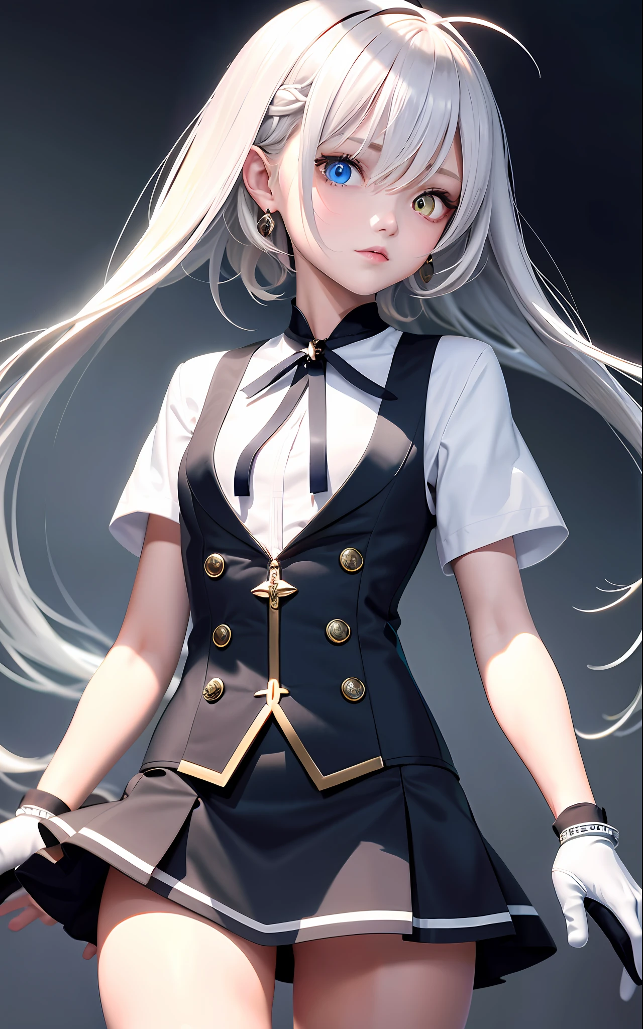 Superb Creation, High Resolution, Best Quality, UHD, Super Detail, Award-Awarded, 16k, (Upper Body), A Beautiful Maiden, Gray Hair, Hair, ((Heterochromia)), Hanging Corners, Fair Skin, (Small Breasts), (Slim Body), (Japanese Student Uniform with Short Chest Jacket and Small Suit and Short Skirt)), (Neck Ring), (Short Gloves as Short as Half a Palm)