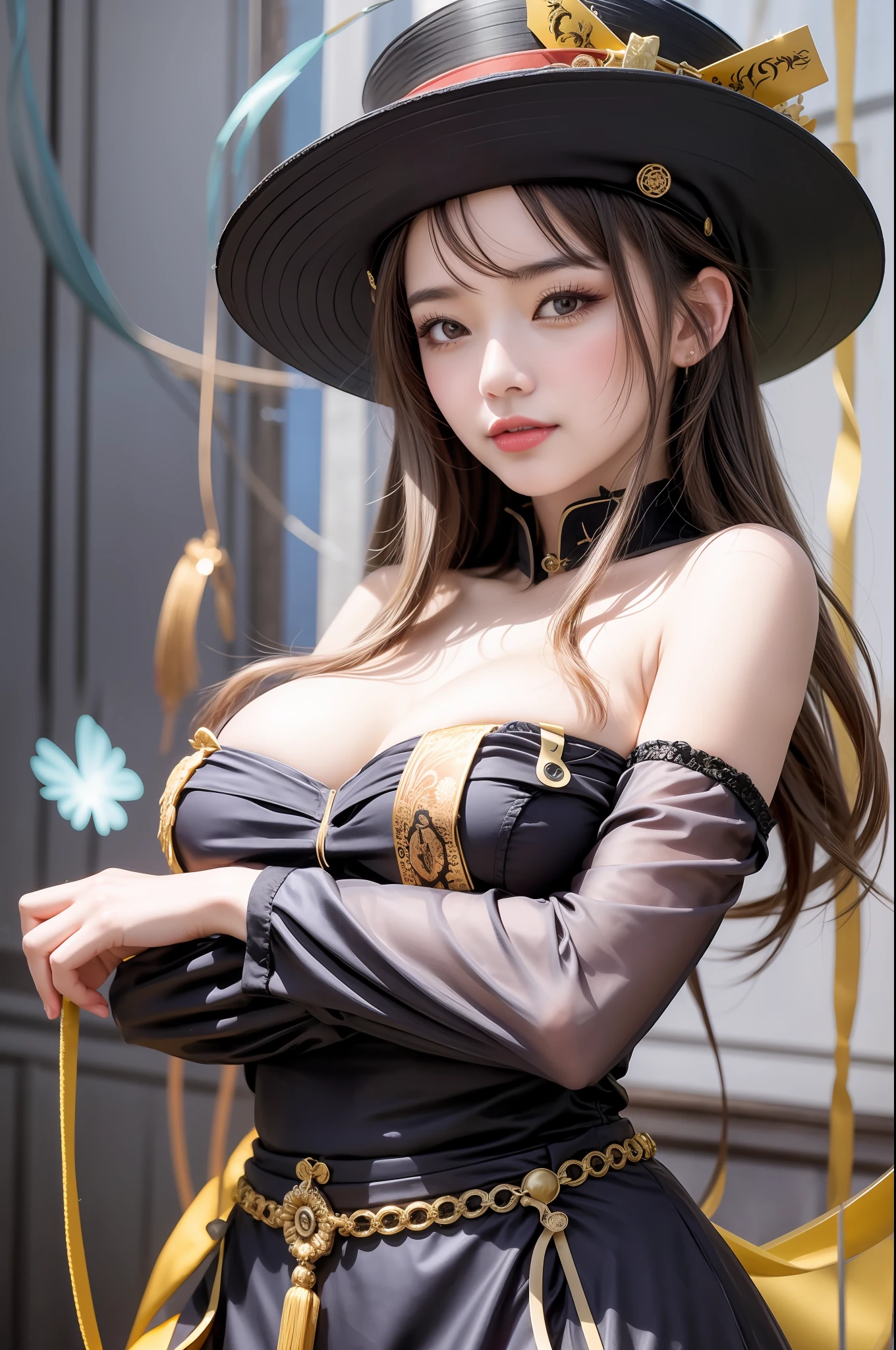 masterpiece, 1girl, solo,black hair, huge breasts, underbreasts, hat, light_smile, ofuda, china dress, crossed arms,