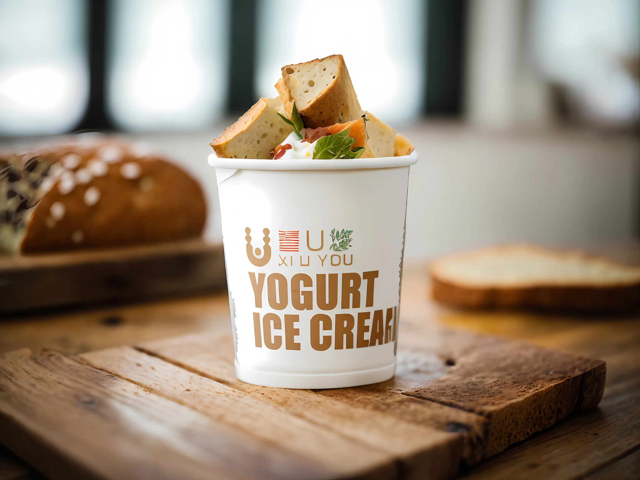 RAW photo of BLT paper yogurt cup, (rustic dinner background), seed bread, pepper jack cheese, (intricate detail: 1.12), (intricate detail, hyper detail: 1.15), realistic, ultra-realistic photo, 8k uhd, dslr, soft light, high quality, film grain, Fujifilm XT3, (masterpiece)