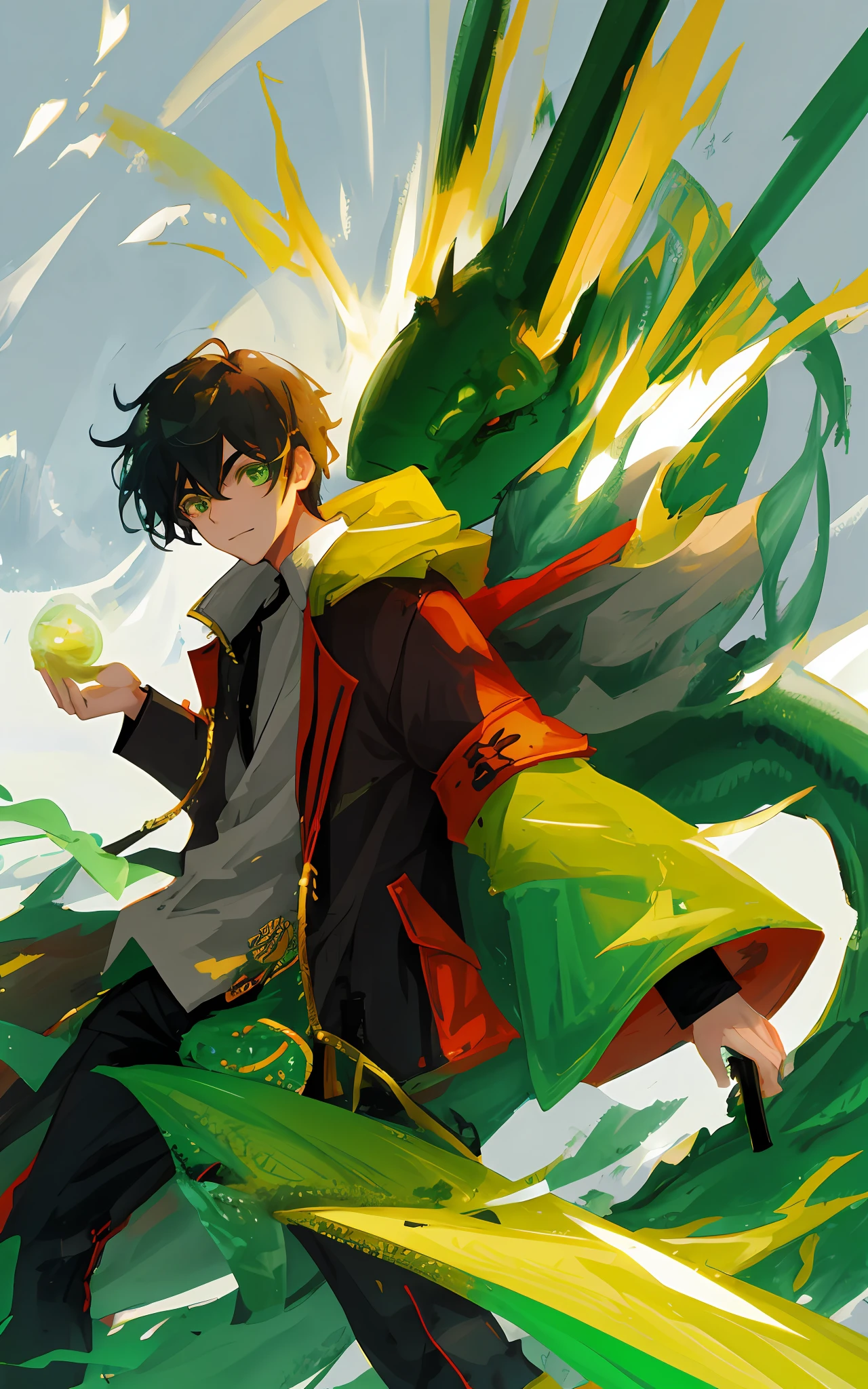 Create an Asian with a dragon overcoat on his back with a spotted shape and with a green magic in his hand