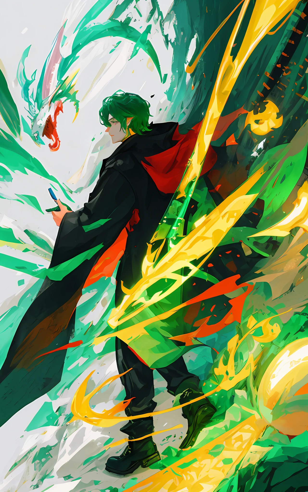 Create an Asian with a dragon overcoat on his back with a spotted shape and with a green magic in his hand