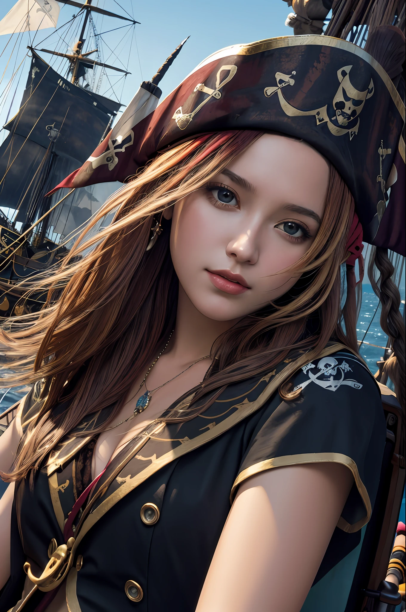 Danielle van de Donk, full body potrait of a photorealistic beautiful woman, (aboard a pirate ship:1.50), intense coloration fantasy, light hair, a stunning realistic photograph 20 years , random colored hair, (multiple women pirates dancing together:1.3), random color eyes, full body, cover, hyperdetailed painting, luminism, octane render, Bar lighting, complex, 8k resolution concept art portrait by Martina Fačková and Prywinko Art, Artgerm, WLOP, Alphonse Mucha, Tony Taka, fractal isometrics details, photorealistic face, hypereallistic cover photo awesome full color, hand drawn, bright, gritty, realistic color scheme, davinci, .12k, intricate. hit definition , Beethoven, cinematic,Rough sketch, mix of bold dark lines and loose lines, bold lines, on paper , real life human